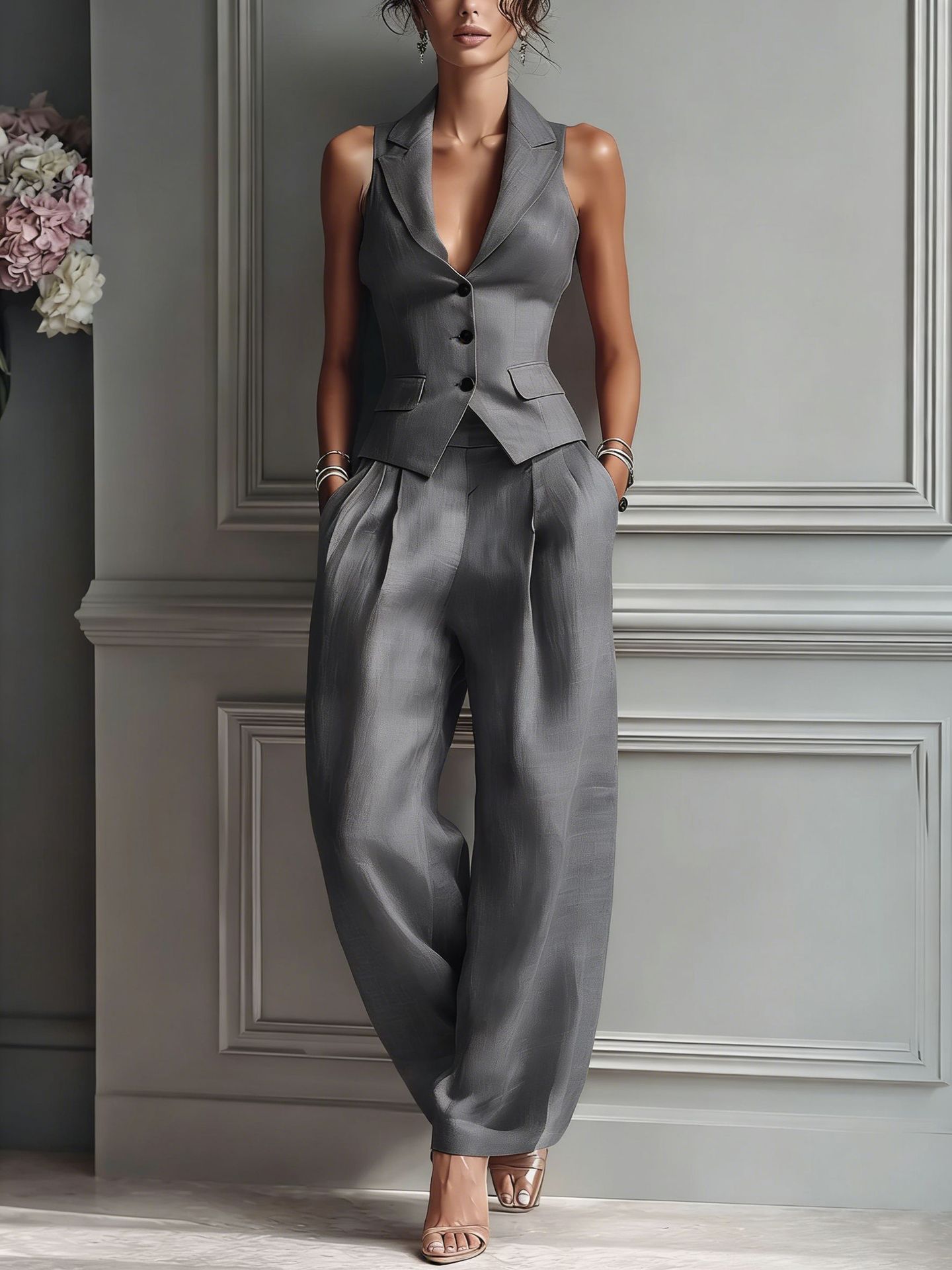 Women's Single-Breasted Sleeveless Vest & Pants Two-Piece Set