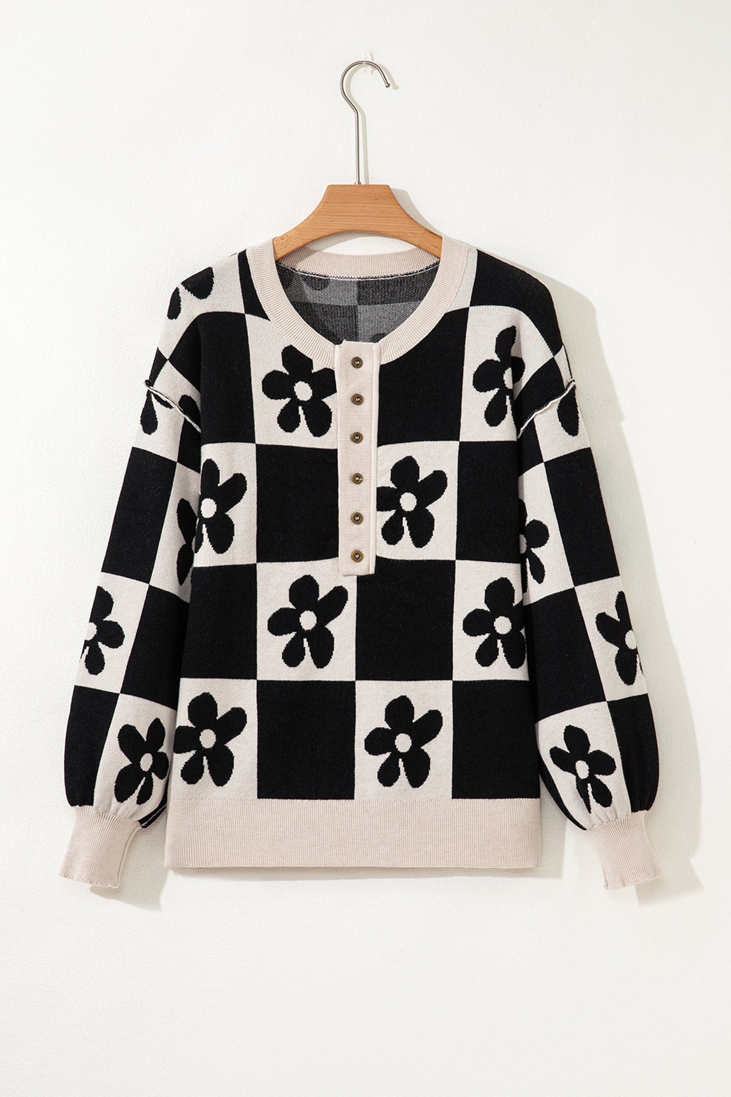 Flower Checker Henley Baggy Sweater