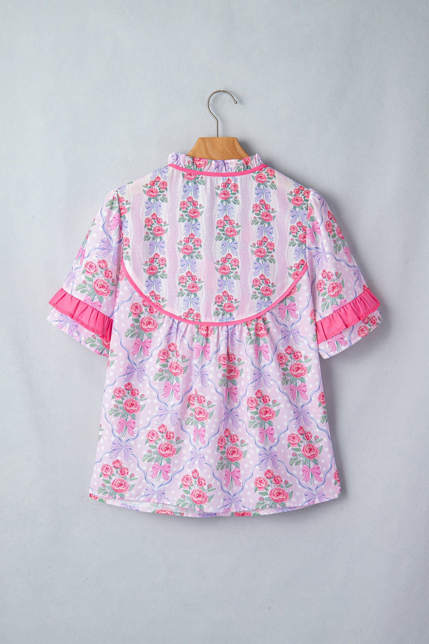 Floral Coquette Bow Ruffle Short Sleeve Blouse
