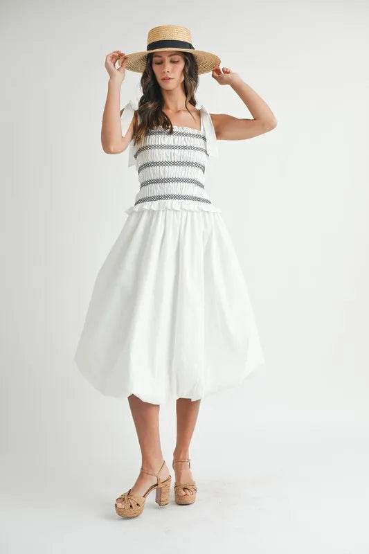MABLE Smocked Bodice Bubble Midi Dress