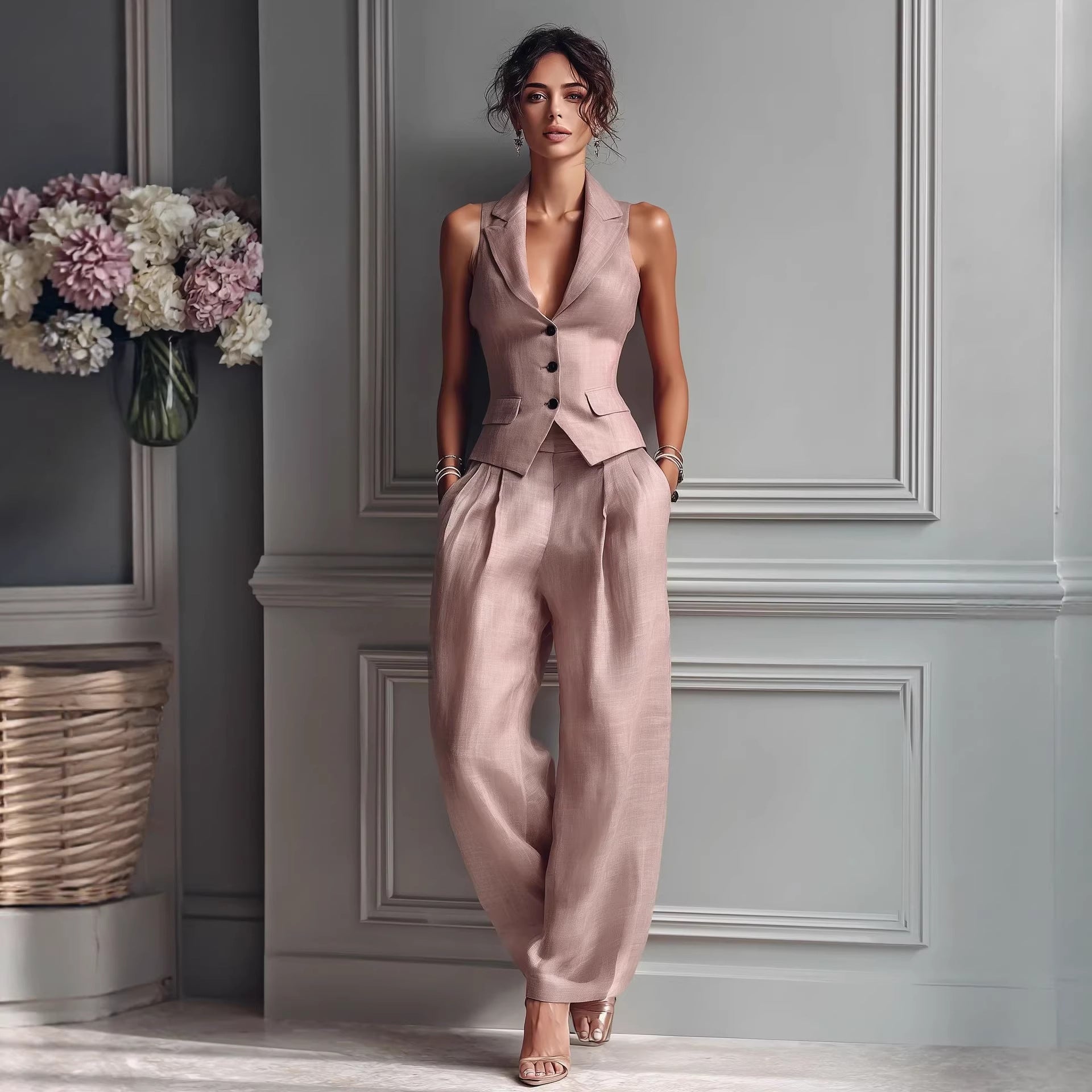 Women's Single-Breasted Sleeveless Vest & Pants Two-Piece Set