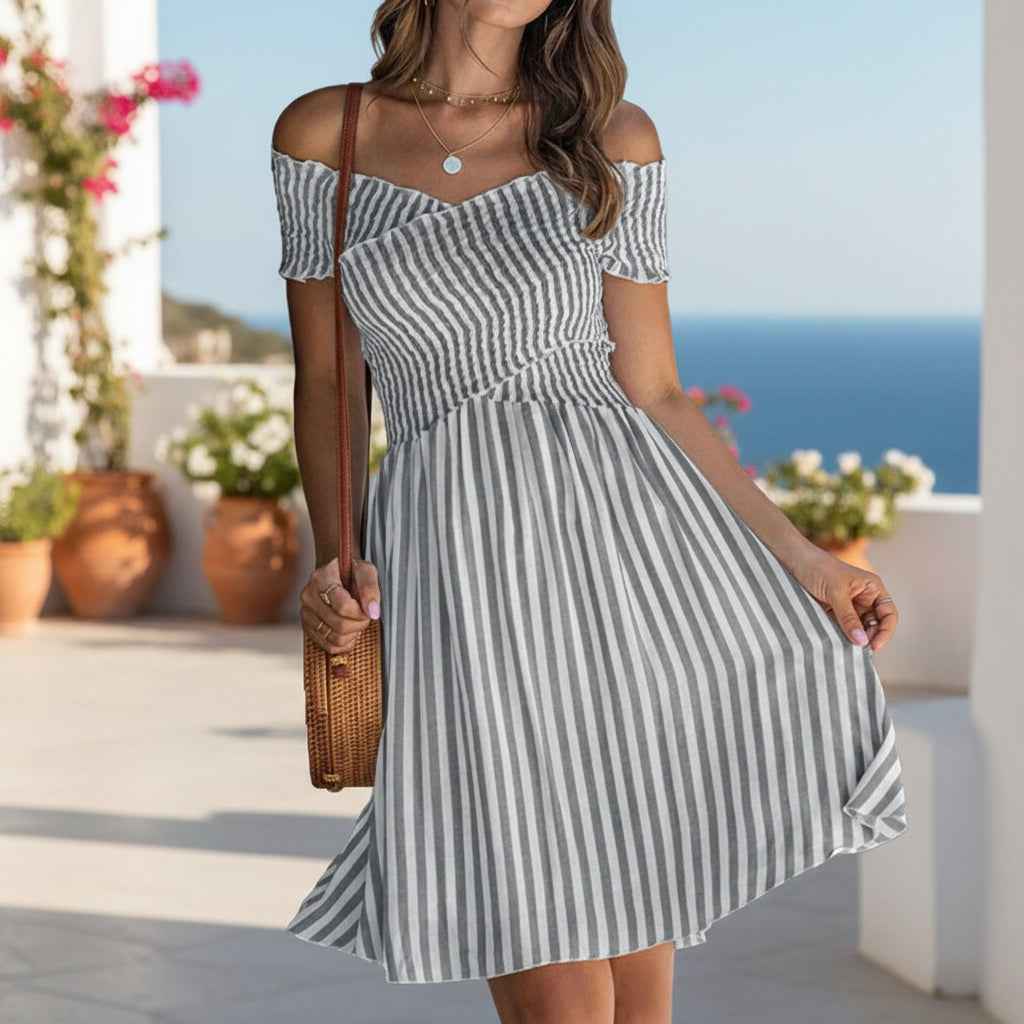 Women's Off-Shoulder Striped Waist-Cinching Midi Dress