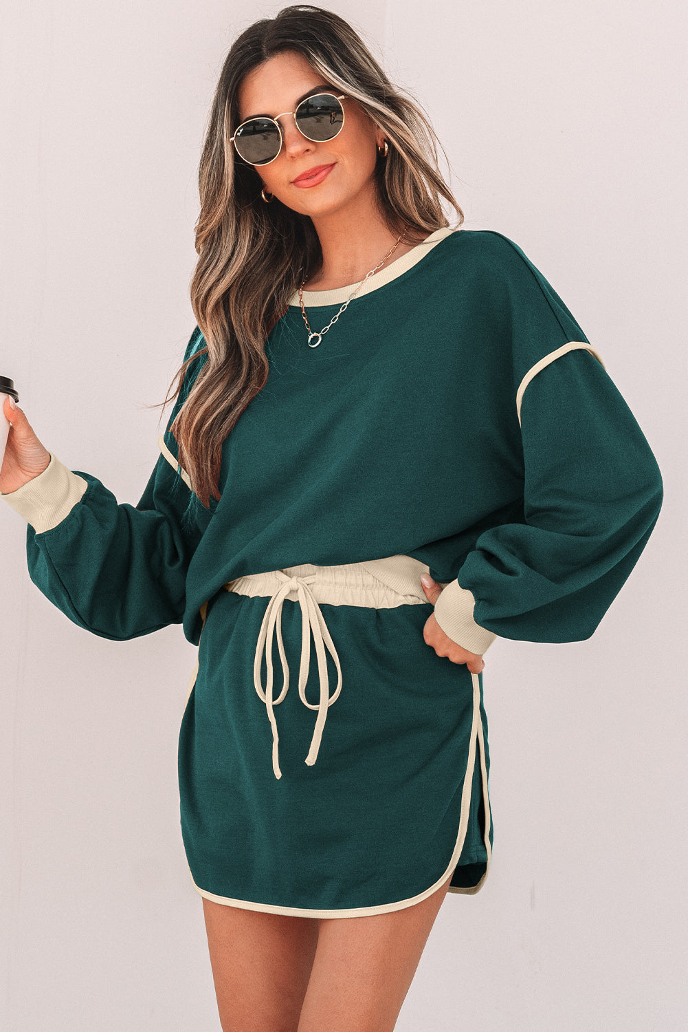 Colorblock Long Sleeve Top and Skort Set