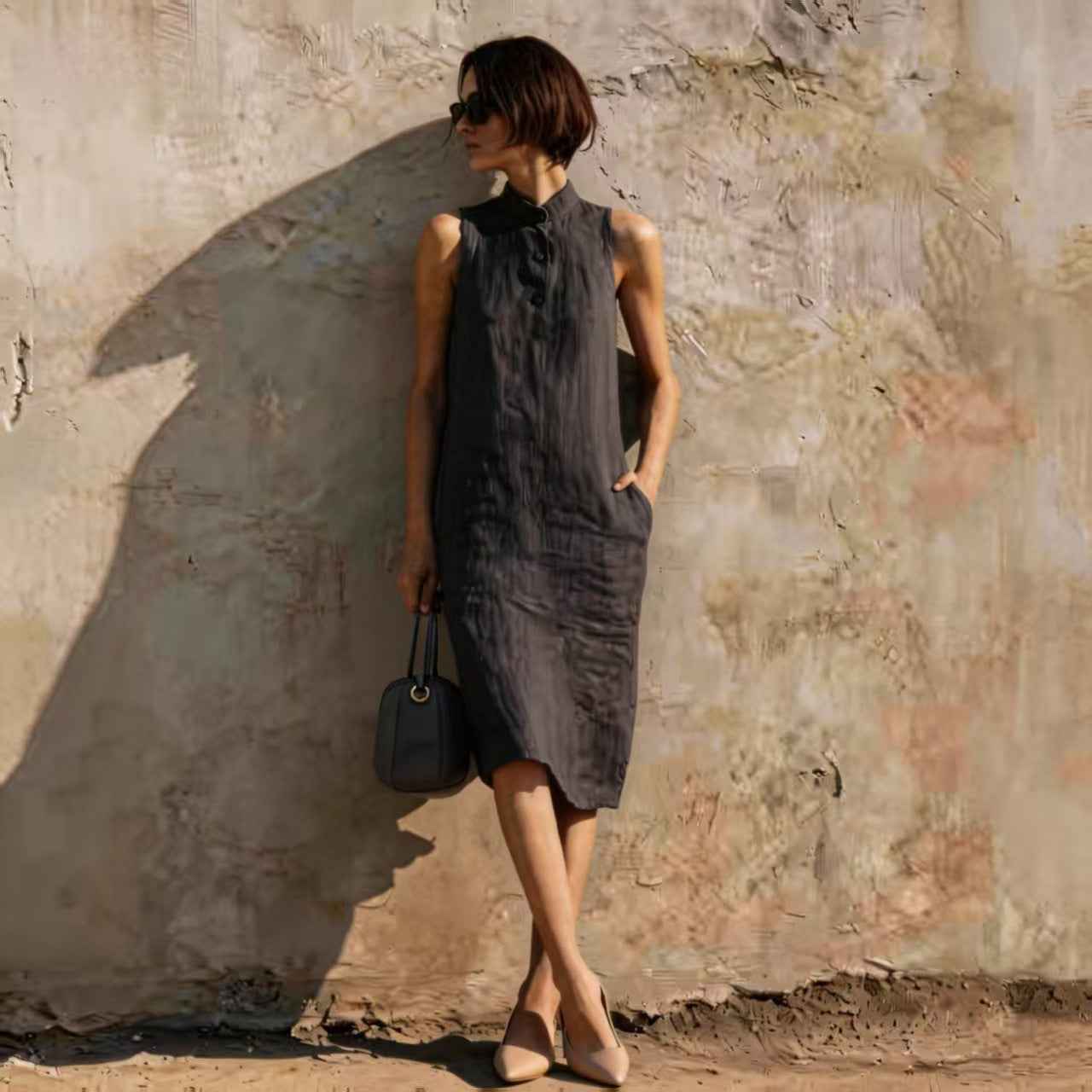 Women's Sleeveless A-Line Midi Dress – Solid Color Cotton Linen Casual