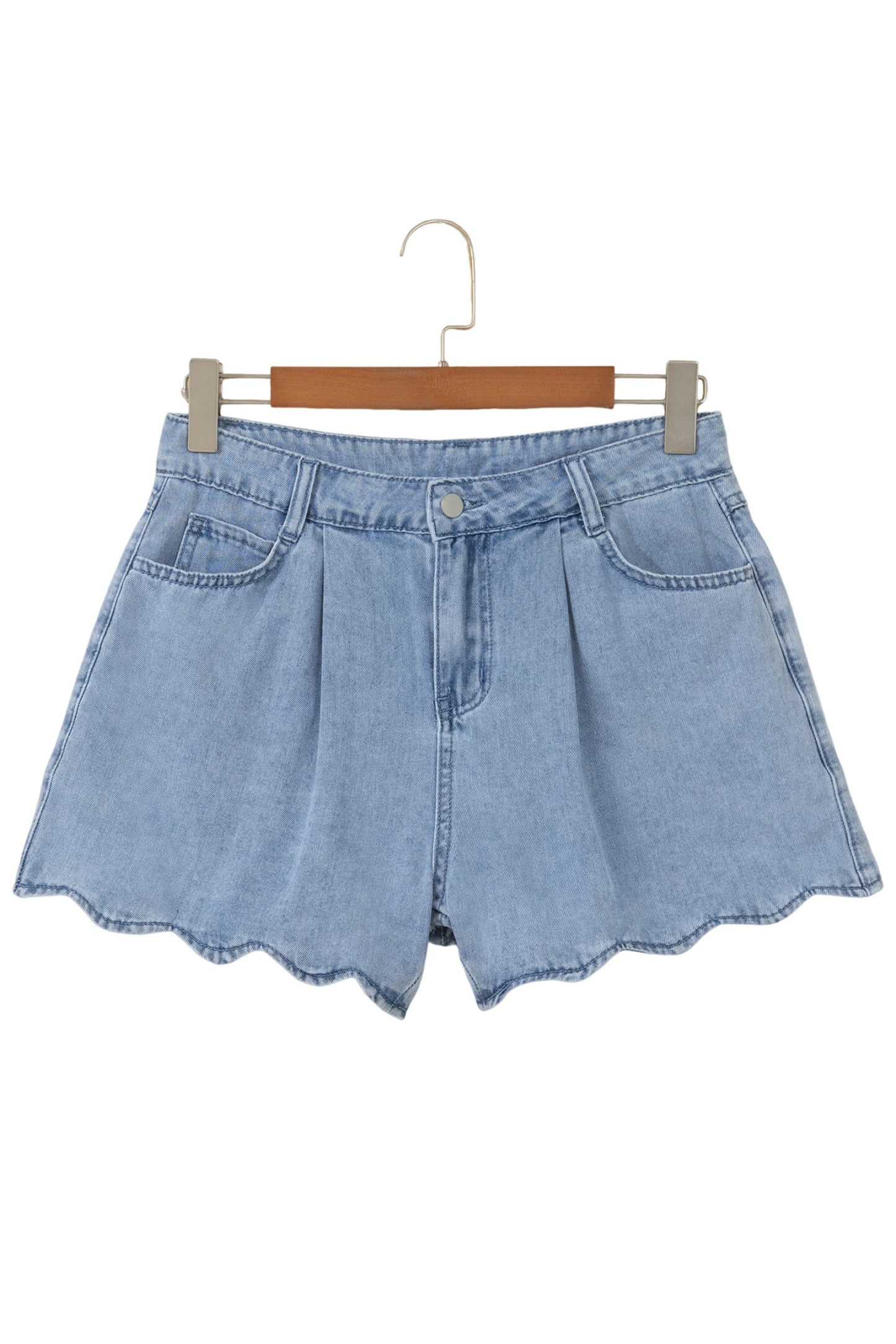 Solid Denim Scalloped Trim High Waist Shorts