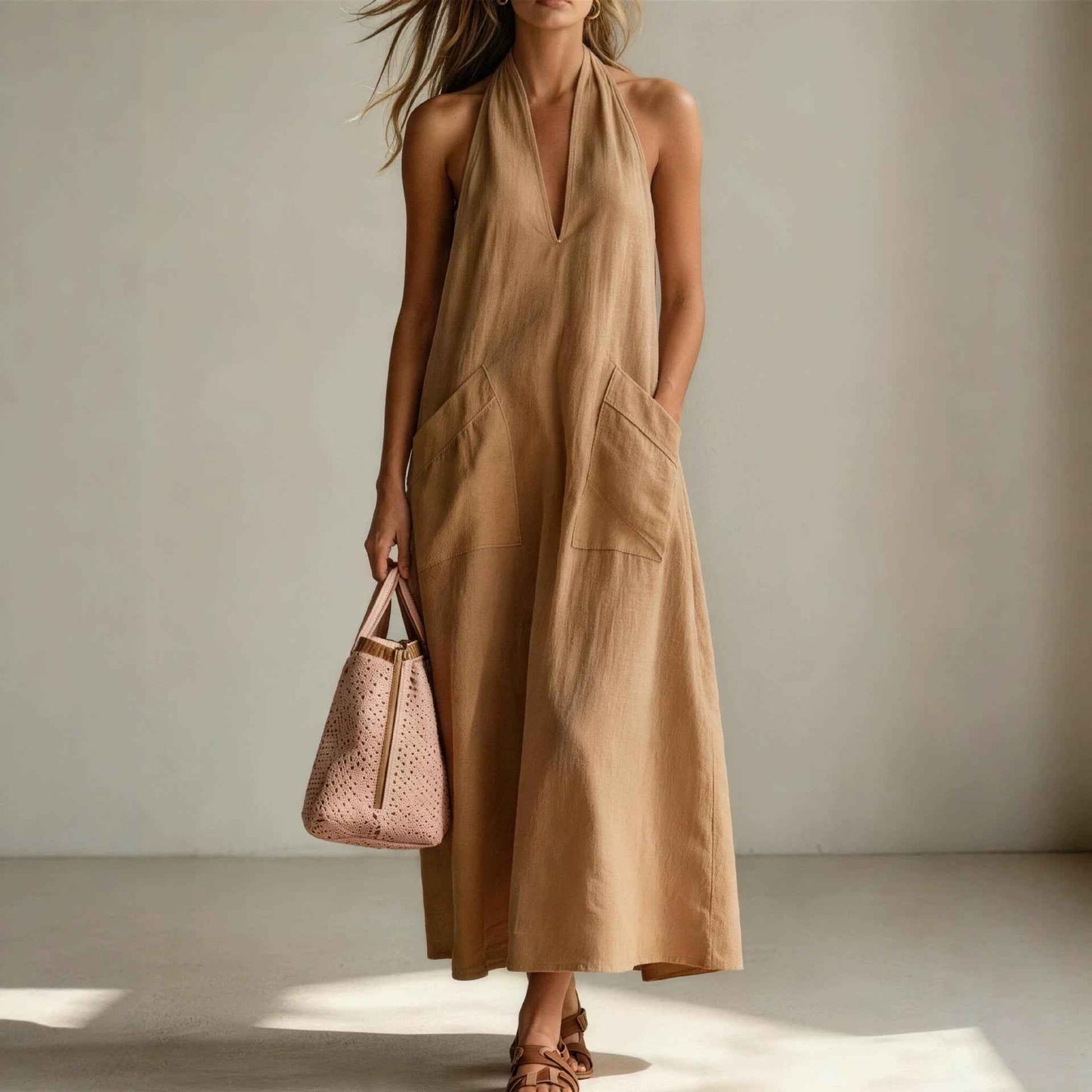 Cotton Halterneck Sleeveless Deep V-Neck Loose Straight-Line Dress