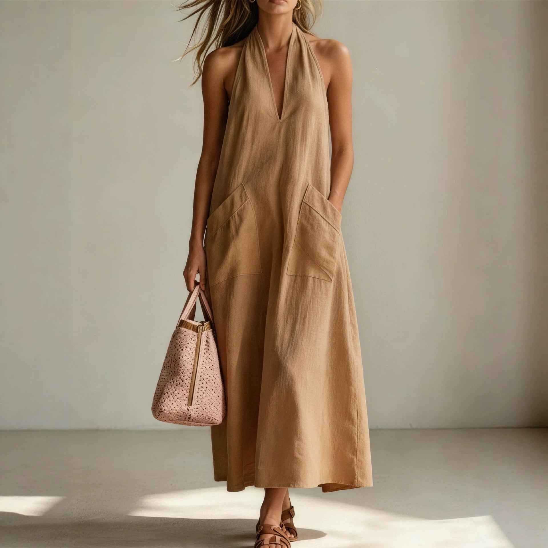 Cotton Halterneck Sleeveless Deep V-Neck Loose Straight-Line Dress