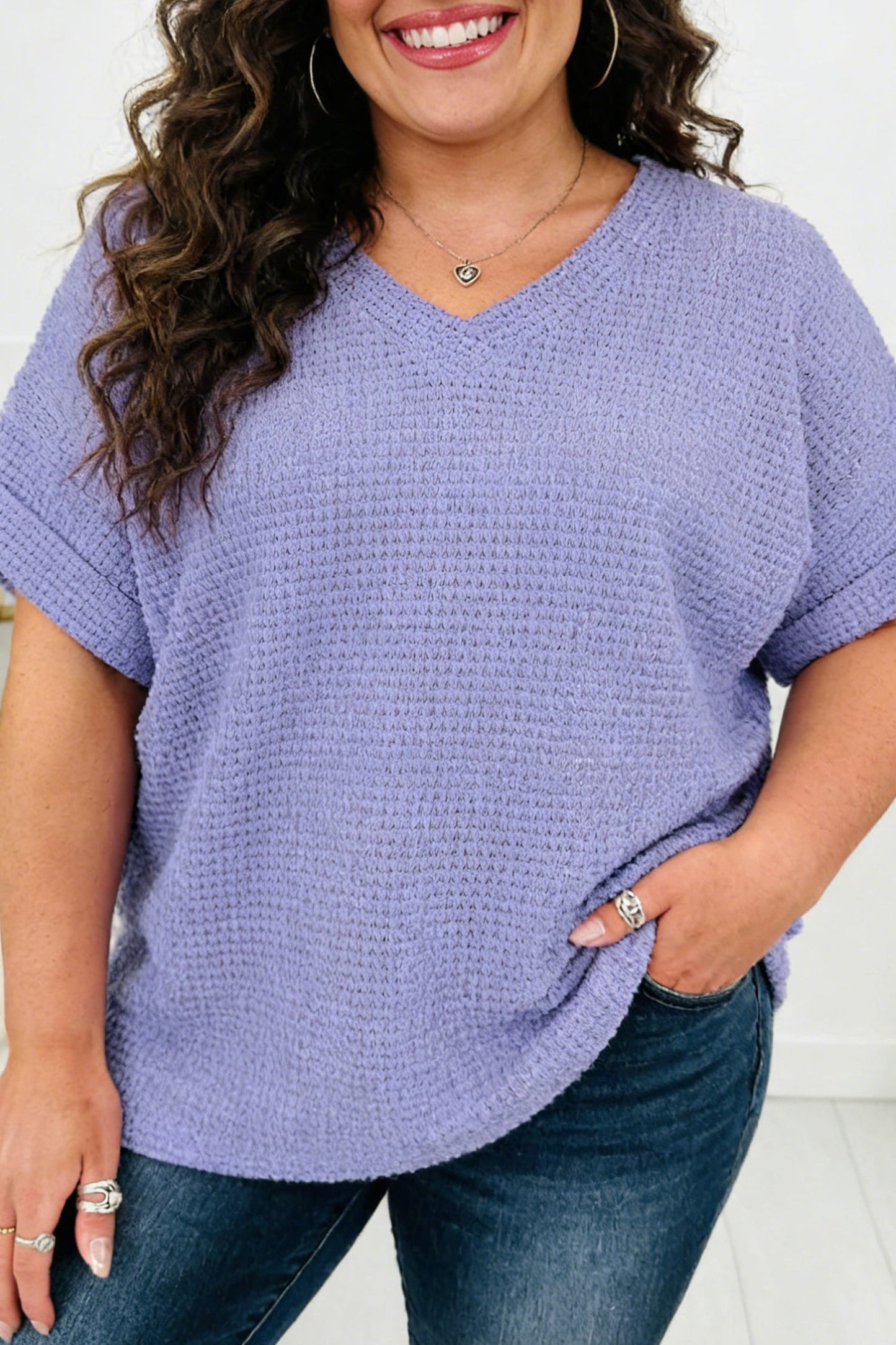 Plus Size Solid Waffle Knit V-Neck Short Sleeve Top