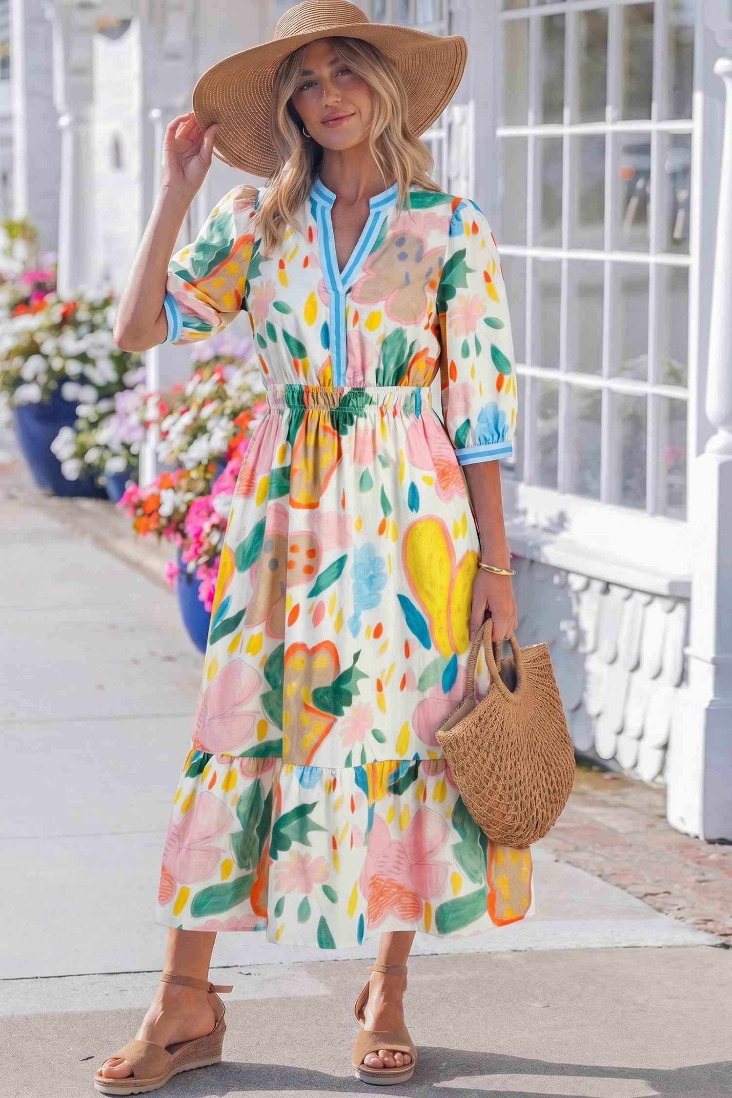 Angel Striped Trim Midi Dress