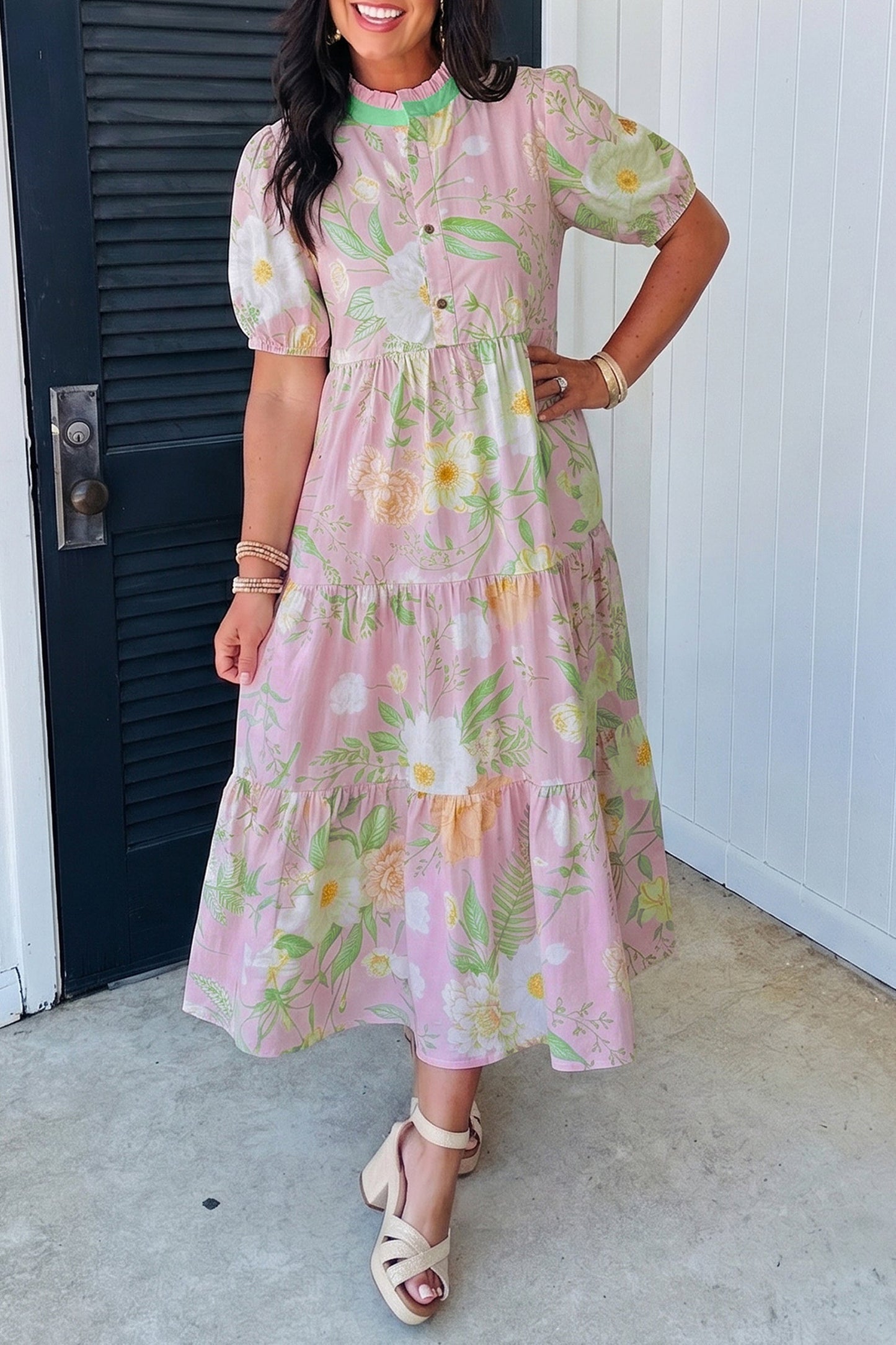 Floral Puff Sleeve Ruffle Tiered Maxi Dress