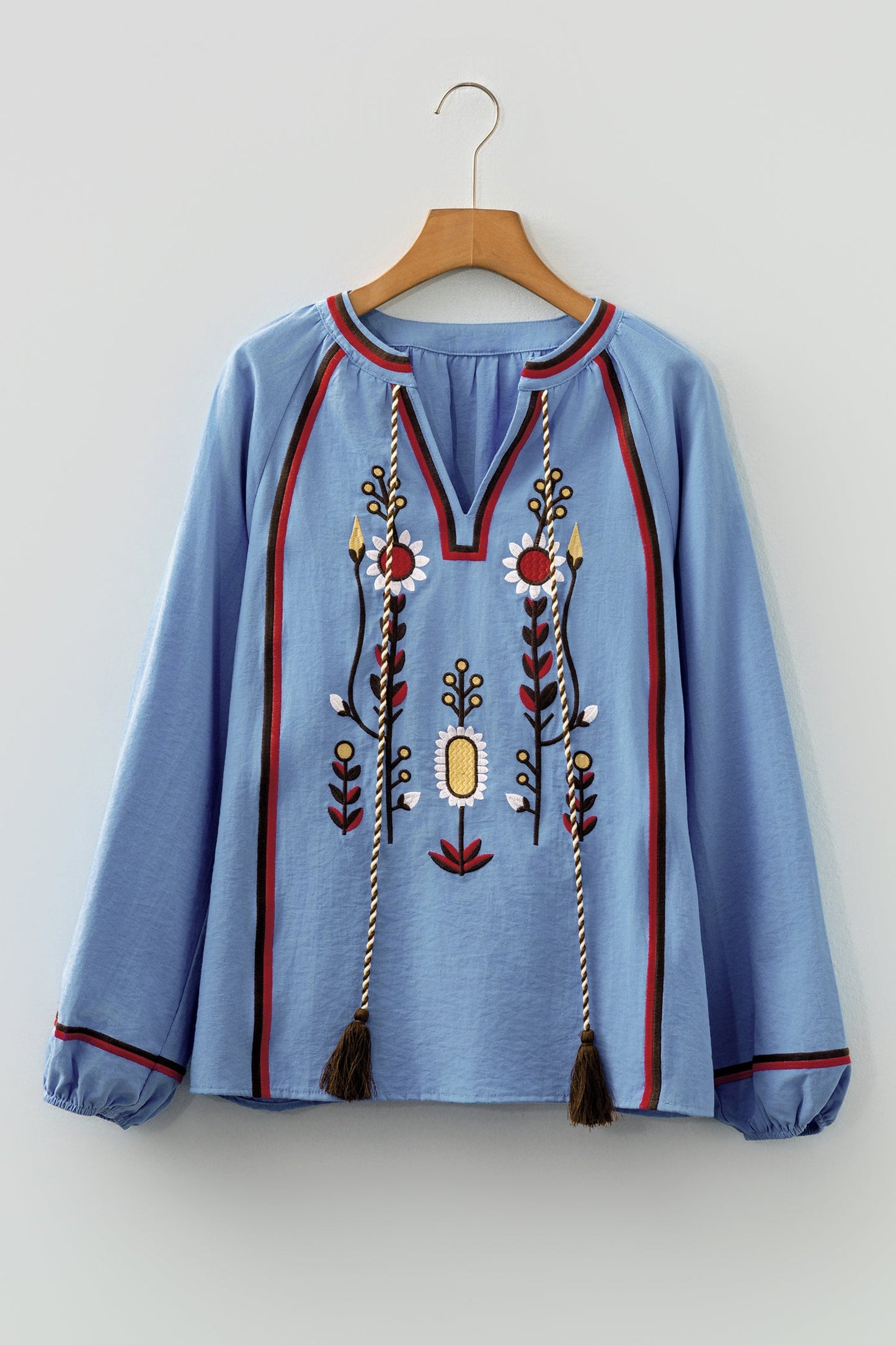 Floral Embroidered Tassel-Tie Puff Sleeve Blouse