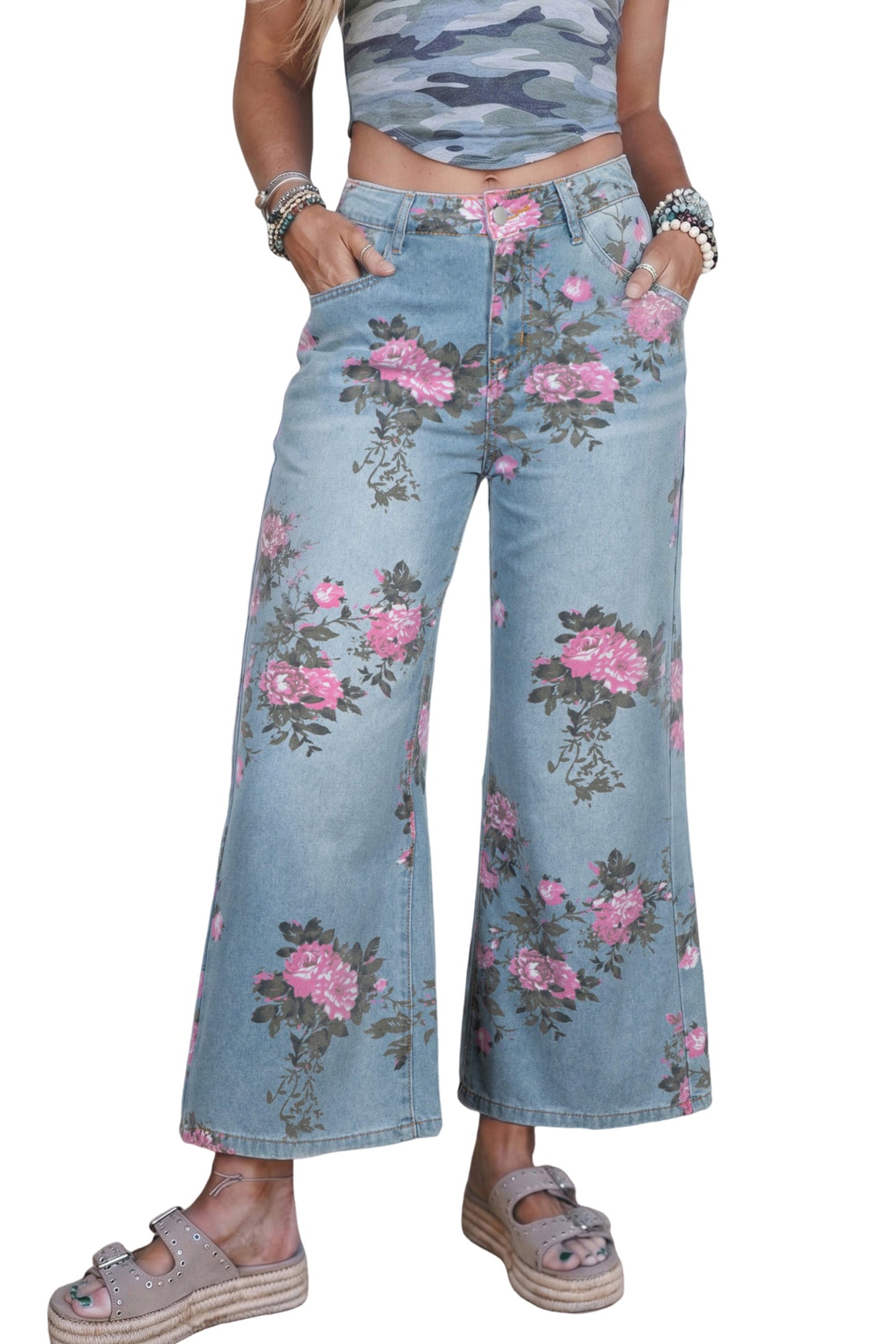 Floral Denim Wide Leg Jeans