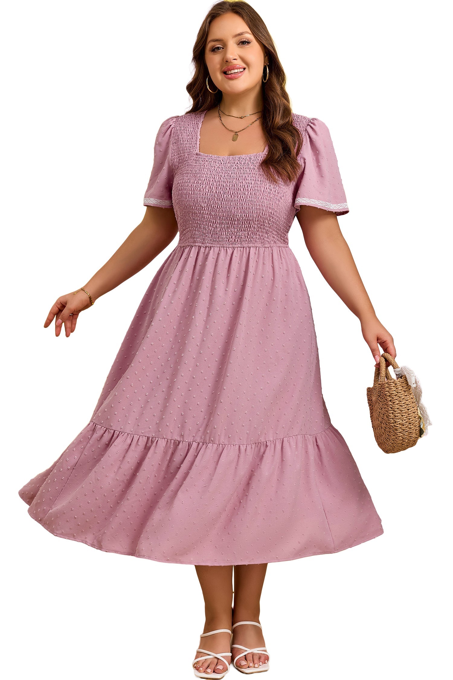 Plus Size Swiss Dot Smocked Flowy Midi Dress