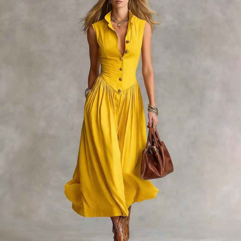 Women's Sleeveless Lapel Collar Maxi Dress – Slim Fit Patchwork