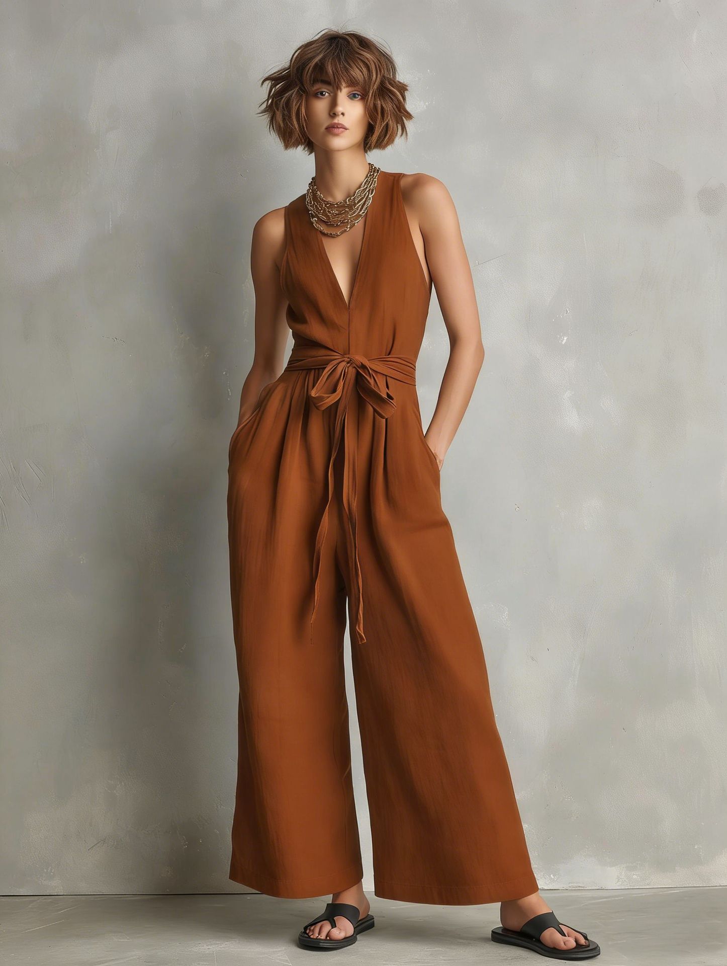 Women's Elegant V-Neck Sleeveless Commuter Jumpsuit