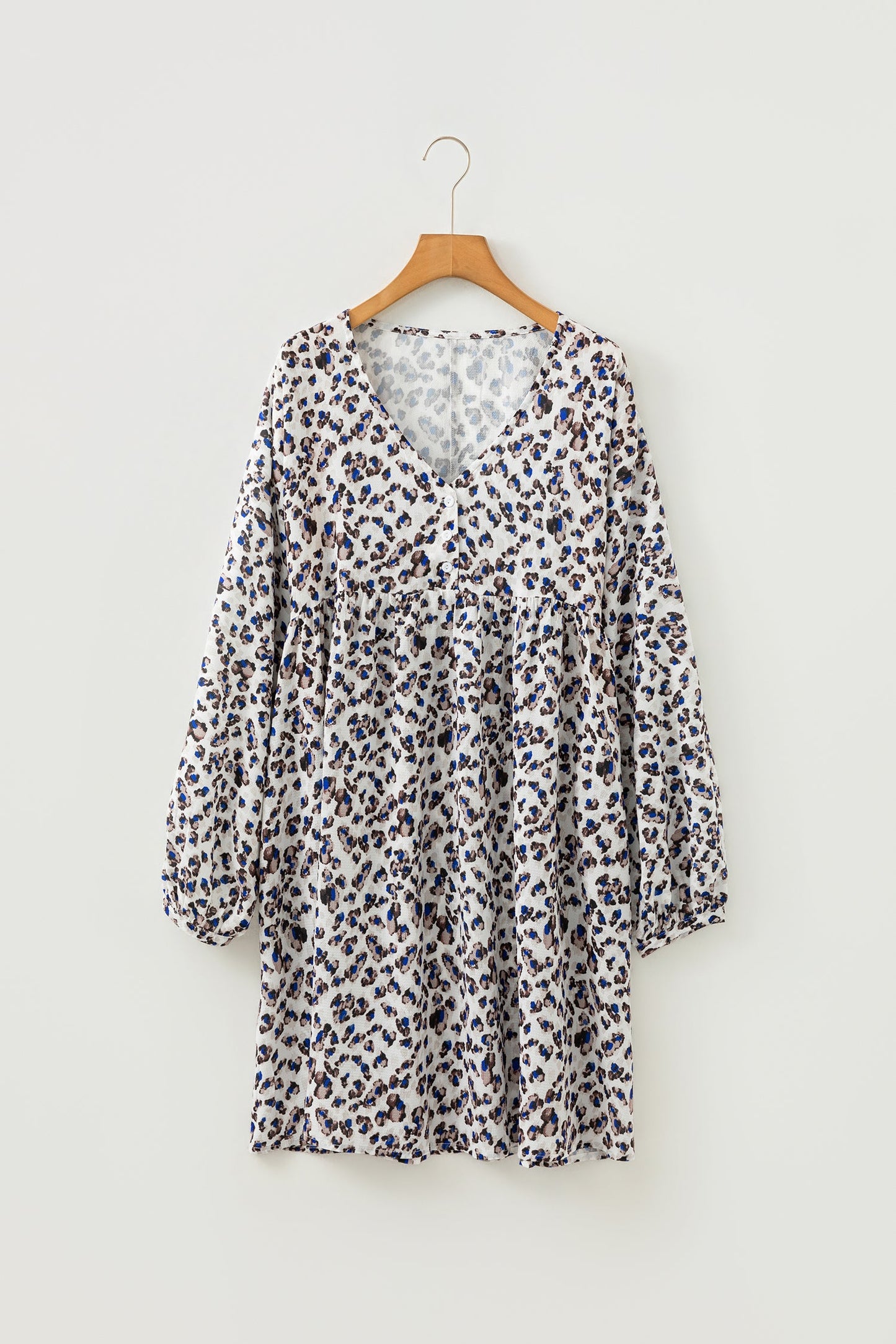 Leopard Buttoned V-Neck Long Sleeve Mini Dress