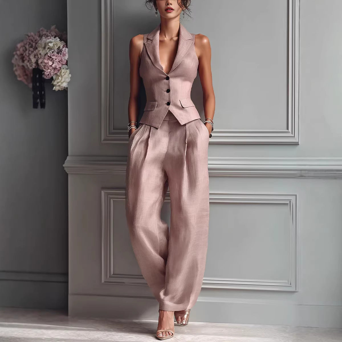 Women's Single-Breasted Sleeveless Vest & Pants Two-Piece Set