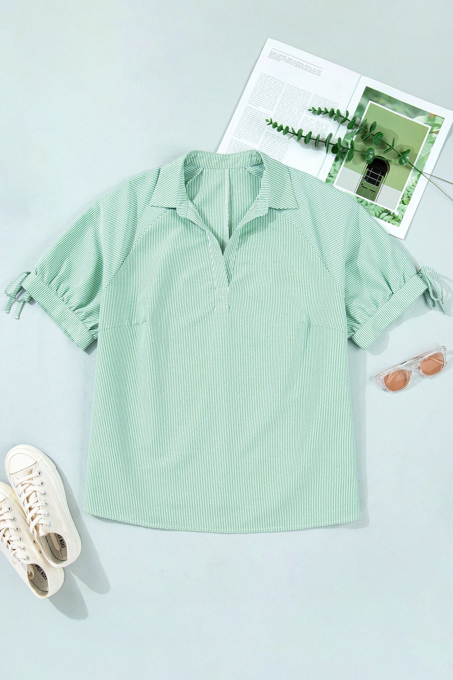 Plus Size Stripe Collar V-Neck Short Sleeve Blouse