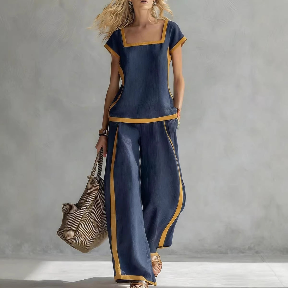 Solid Color Shirt & Wide-Leg Trousers Two-Piece Set