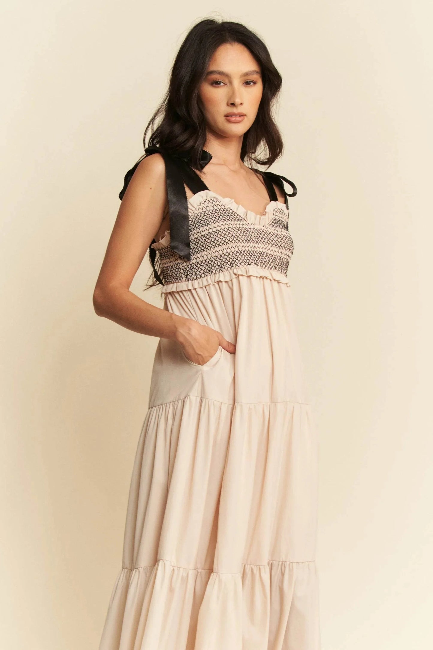 Davi & Dani Multi Contrast Smocked Bodice Straps Maxi Dress