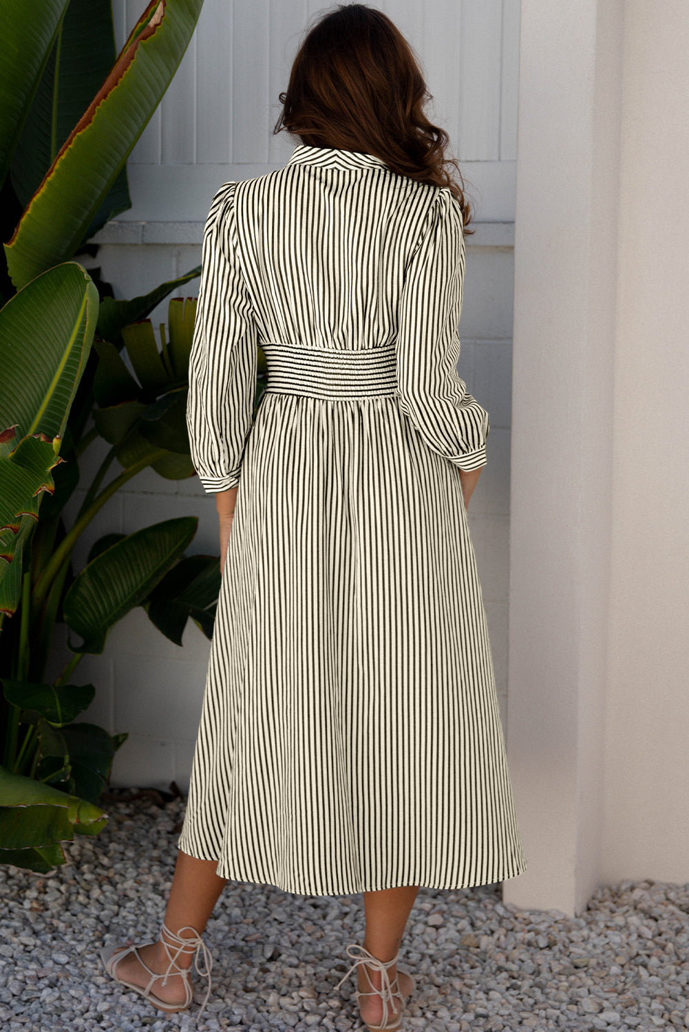 Stripe V-Neck Zip Front Midi Dress
