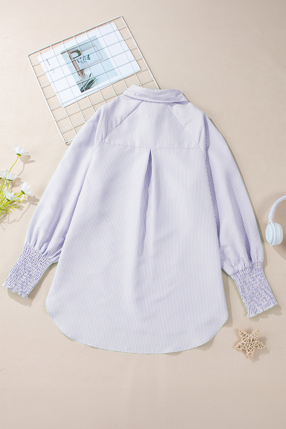Stripe Shirred Cuff Button-Up Shirt
