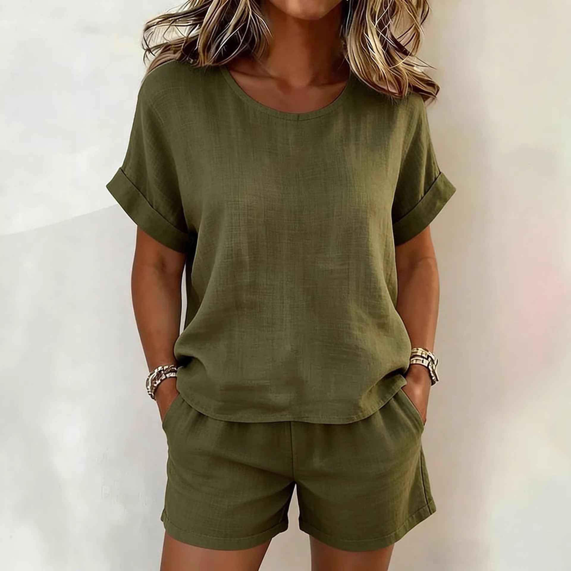 Solid-Color T-Shirt & Shorts Set – Cotton Linen, 10 Colors