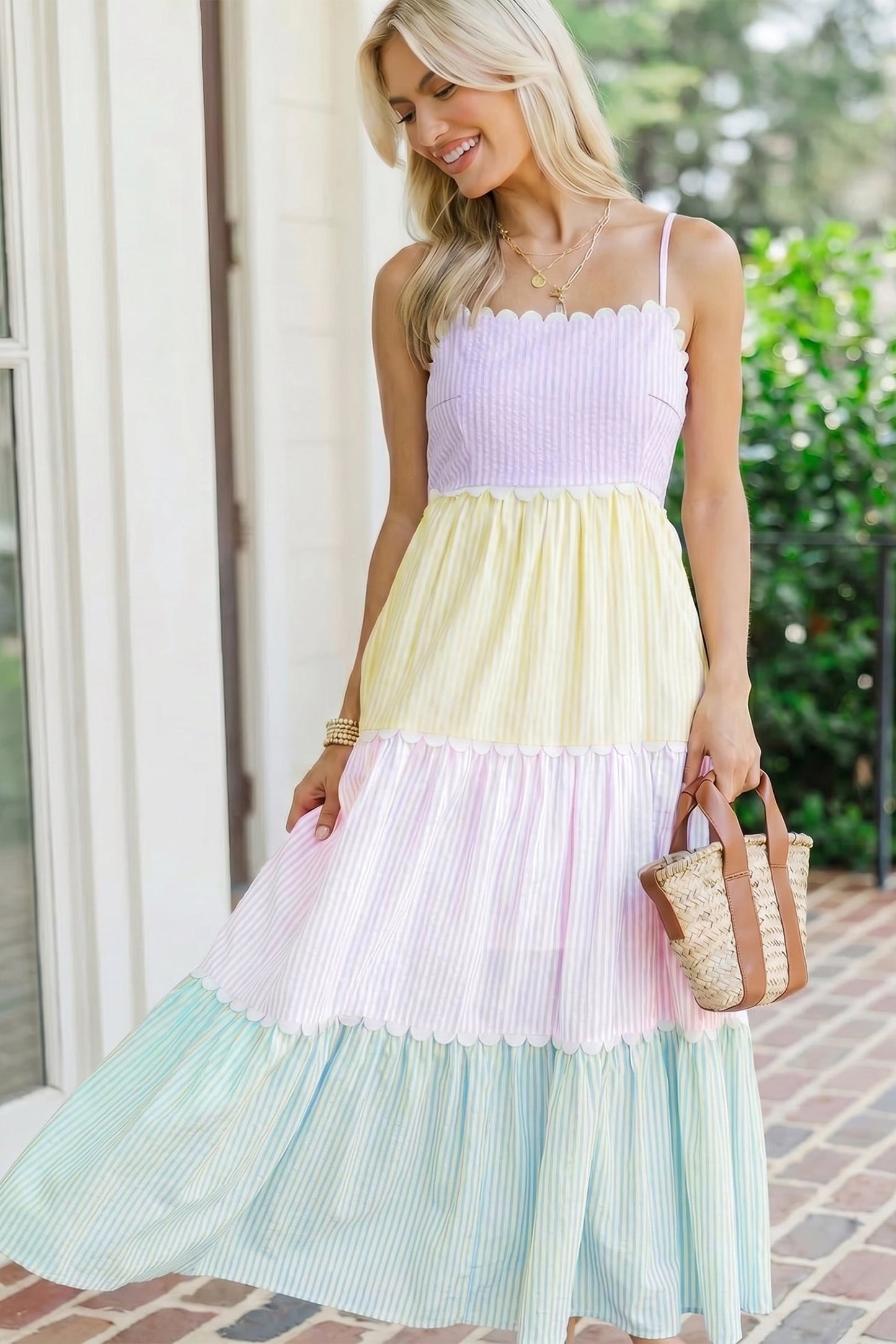 Stripe Colorblock Scallop Ricrac Trim Maxi Dress
