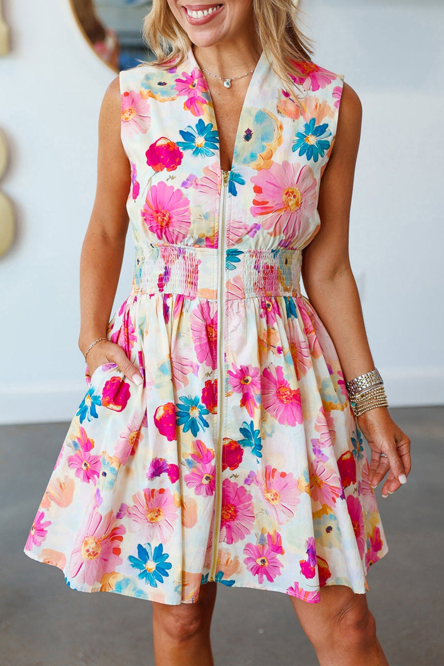 Floral Zip Up V-Neck Smocked Flared Mini Dress