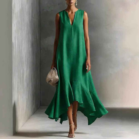 Women's Deep V-Neck Sleeveless Asymmetrical Maxi Dress – Patchwork