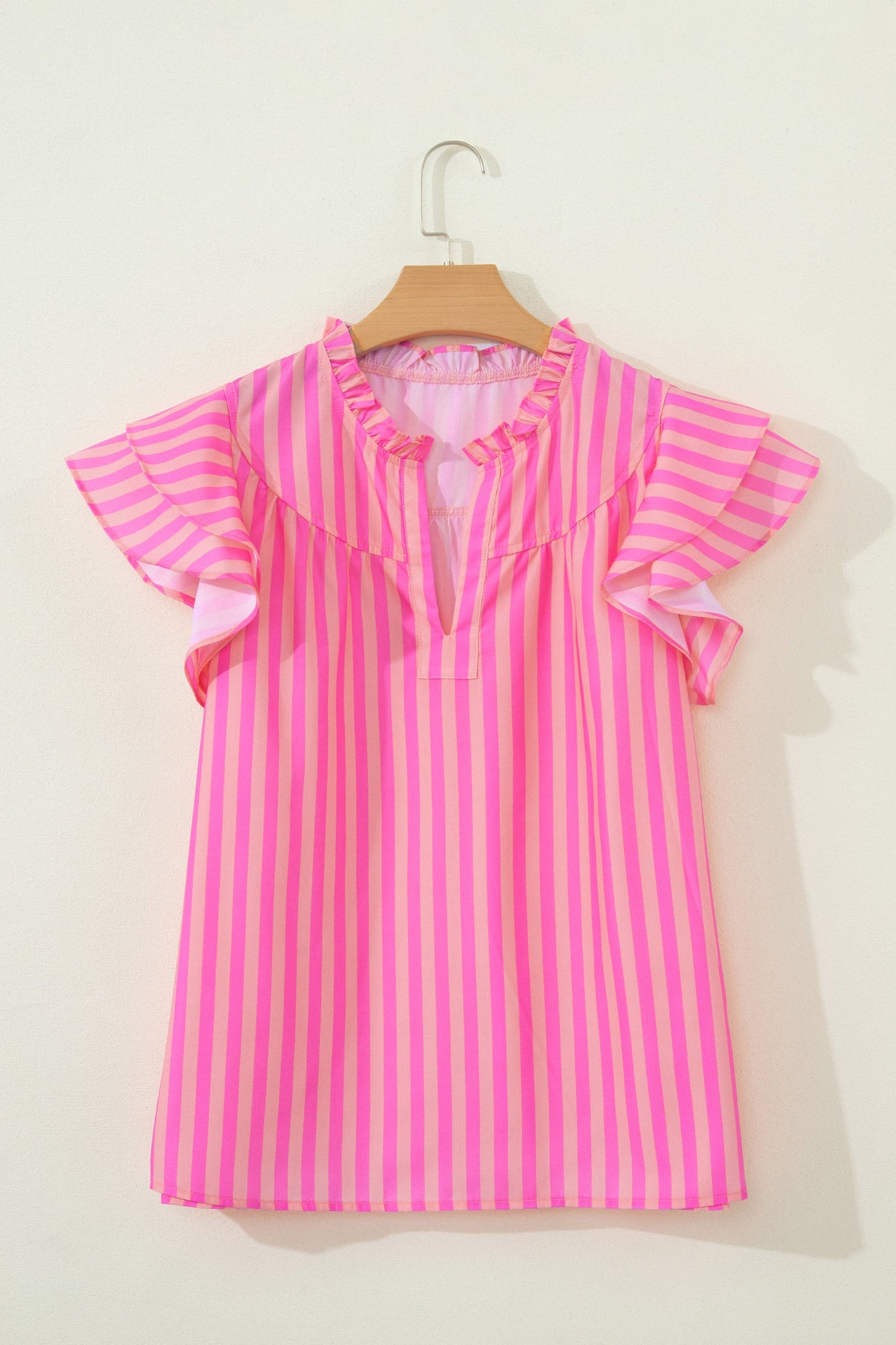 Stripe Split Neck Ruffle Sleeve Summer Blouse