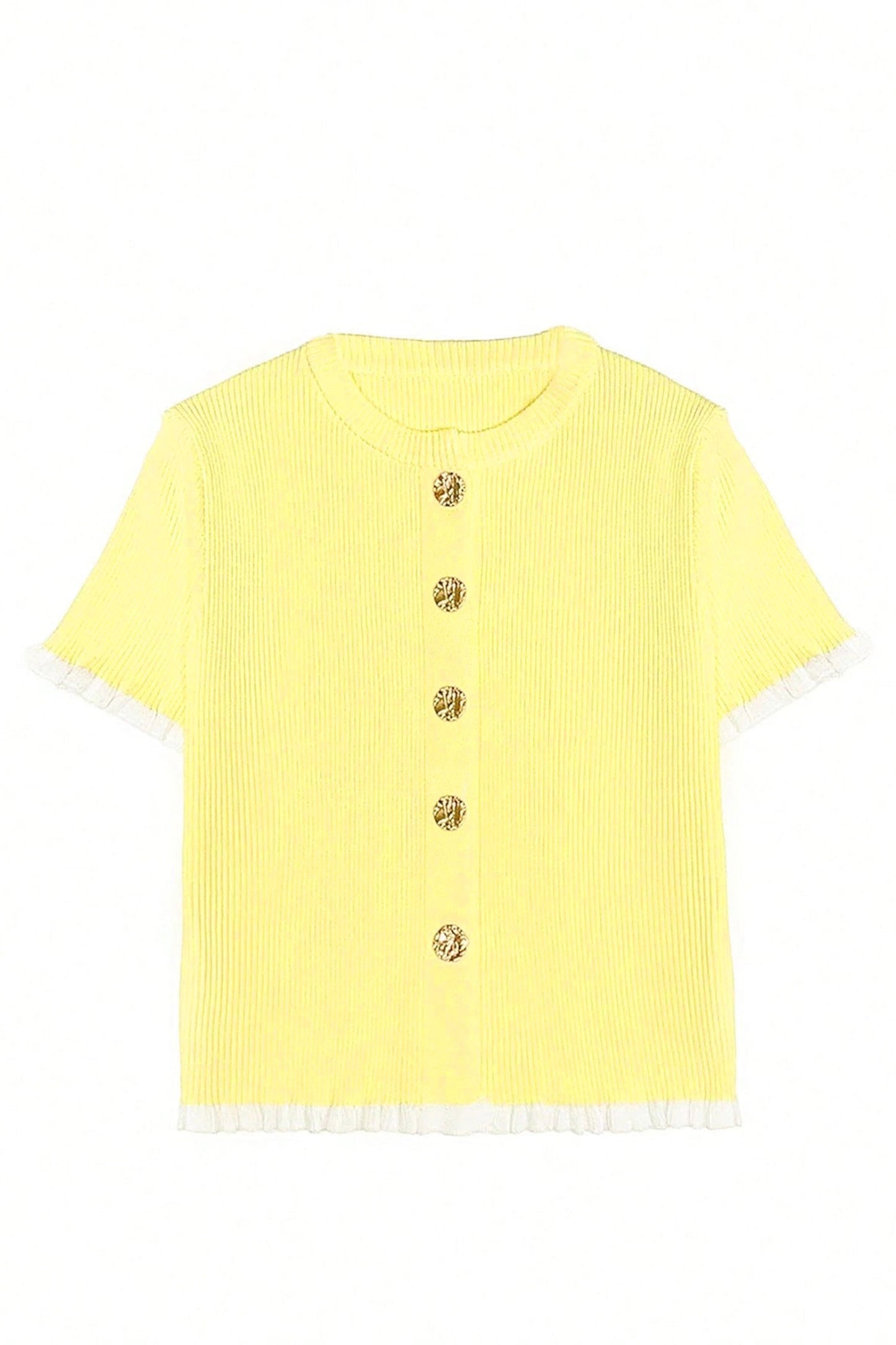 Solid Ribbed Frilled Short Sleeve Sweater Cardigan