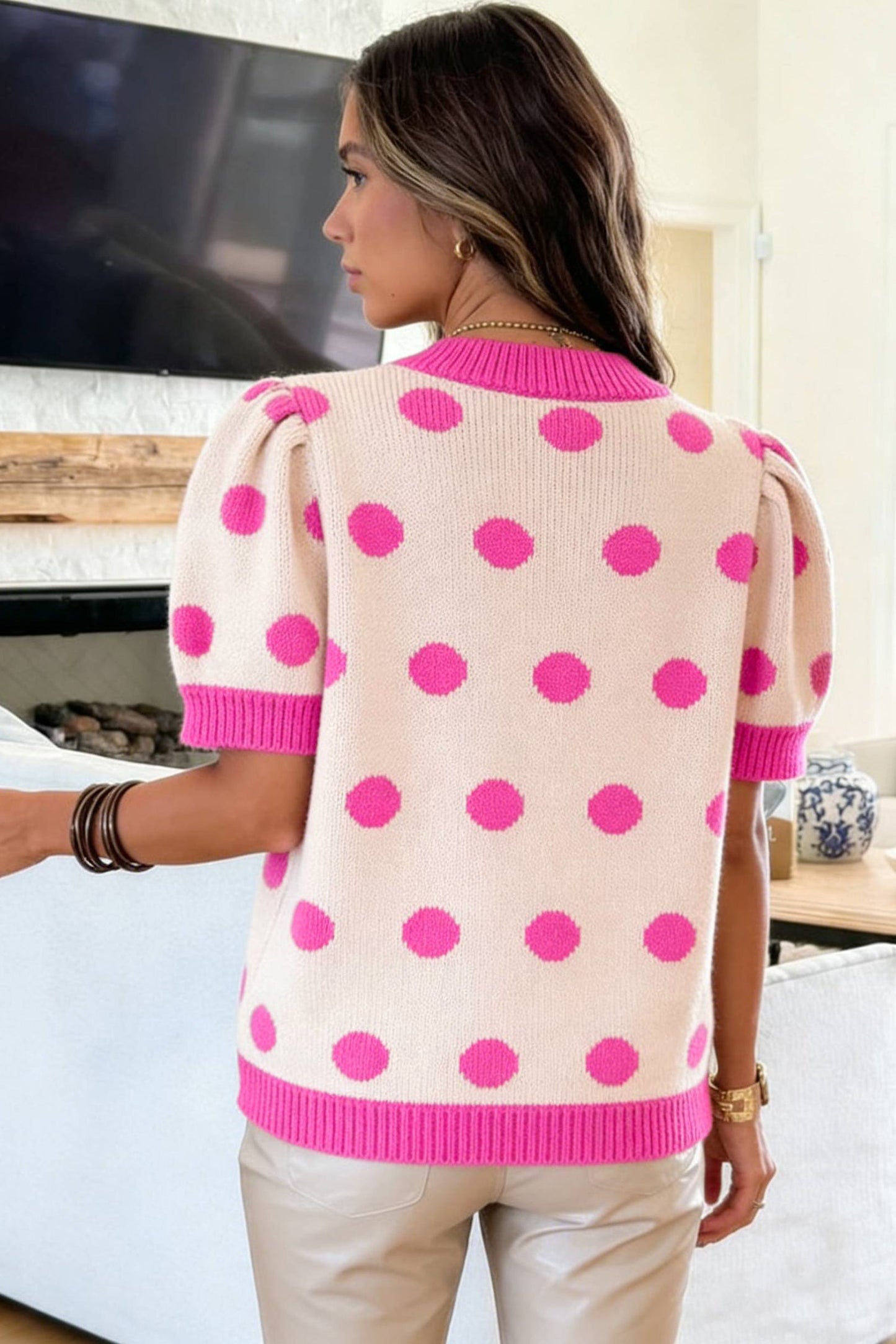 Polka Dot Puff Short Sleeve Sweater Top