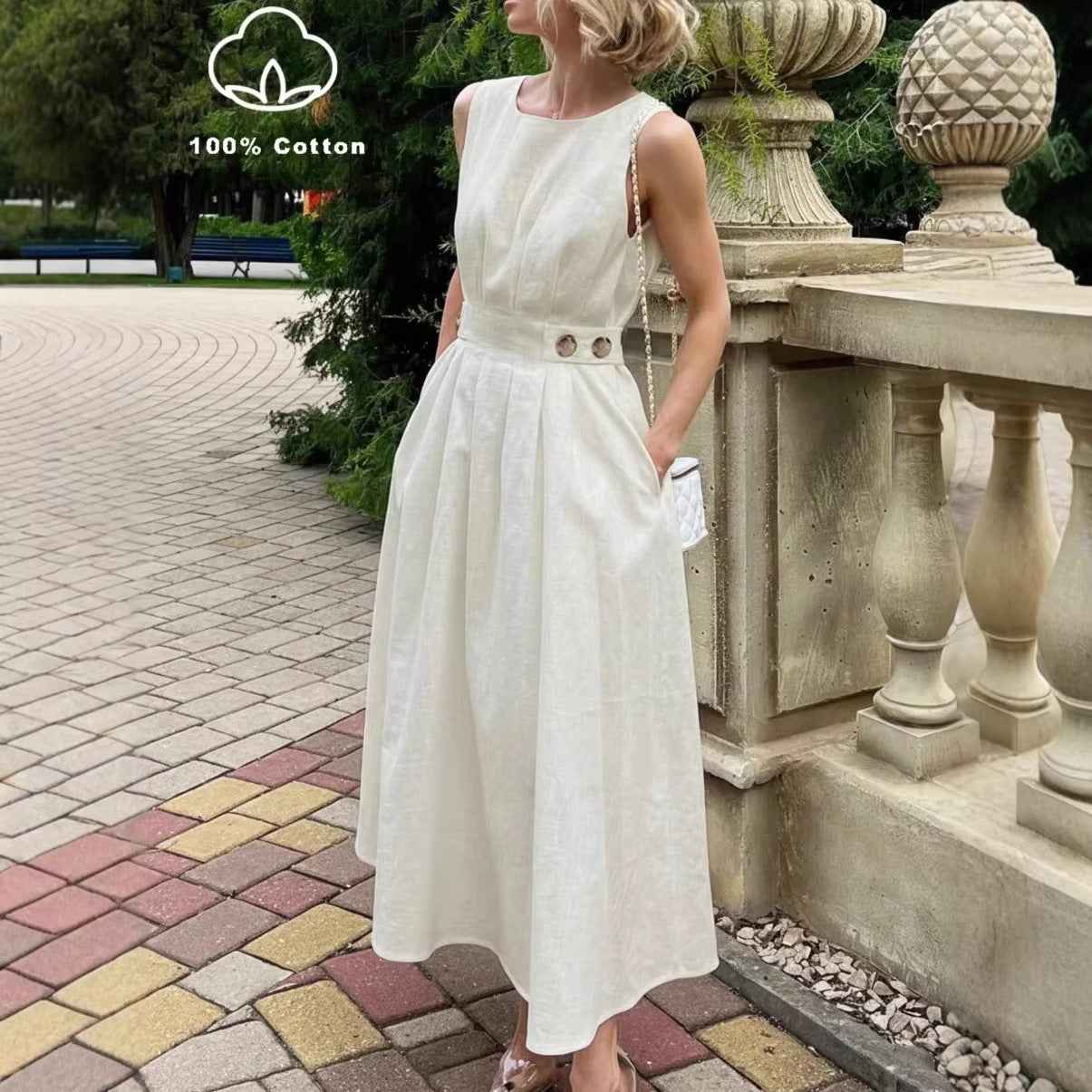 Women's French Minimalist Sleeveless Crew-Neck Midi Dress – White S–XXL