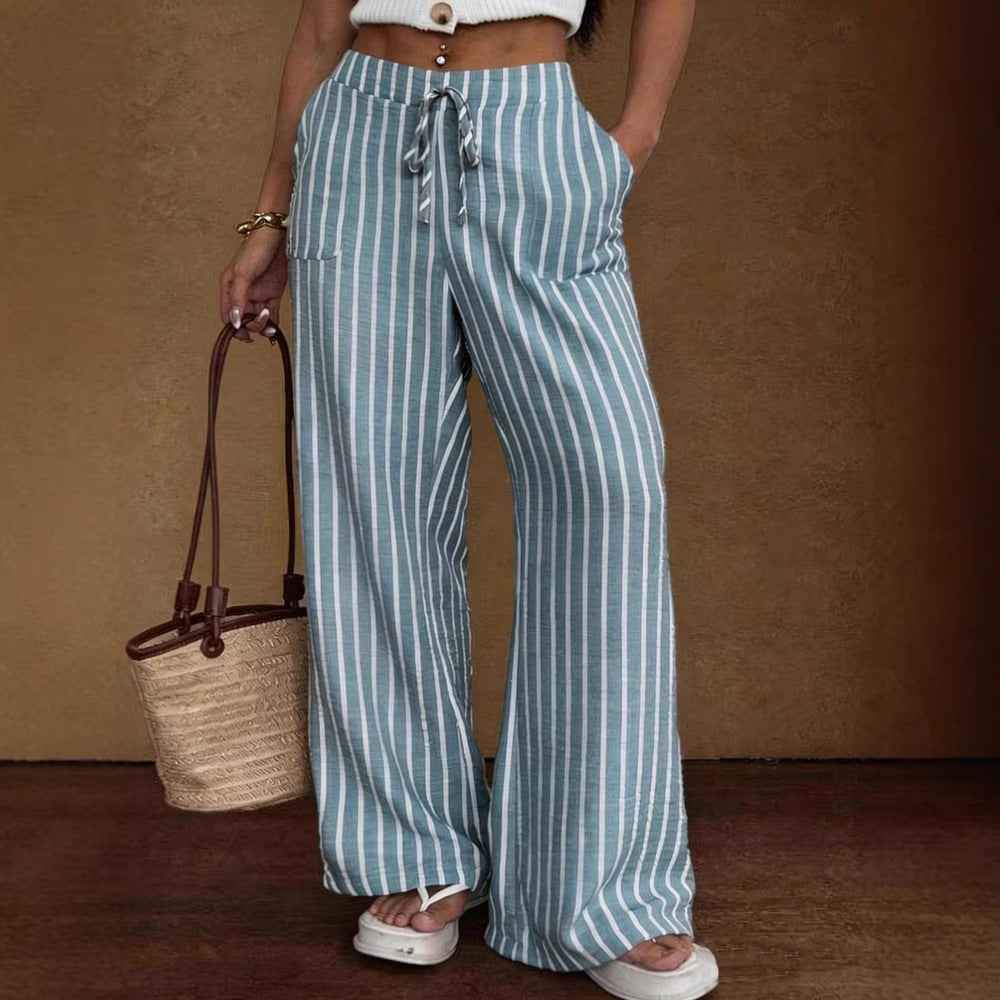 Women's Striped Wide-Leg Trousers – Lace-Up Elastic Waist Loose Fit