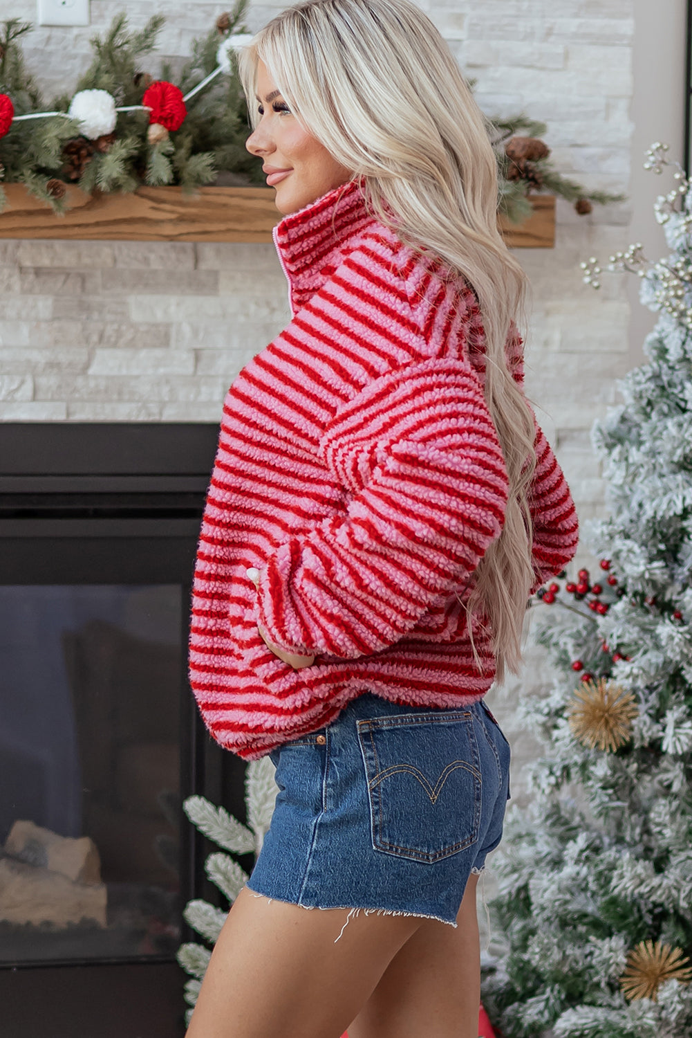 Stripe Fleece Quarter Zip Oversize Sweatshirt