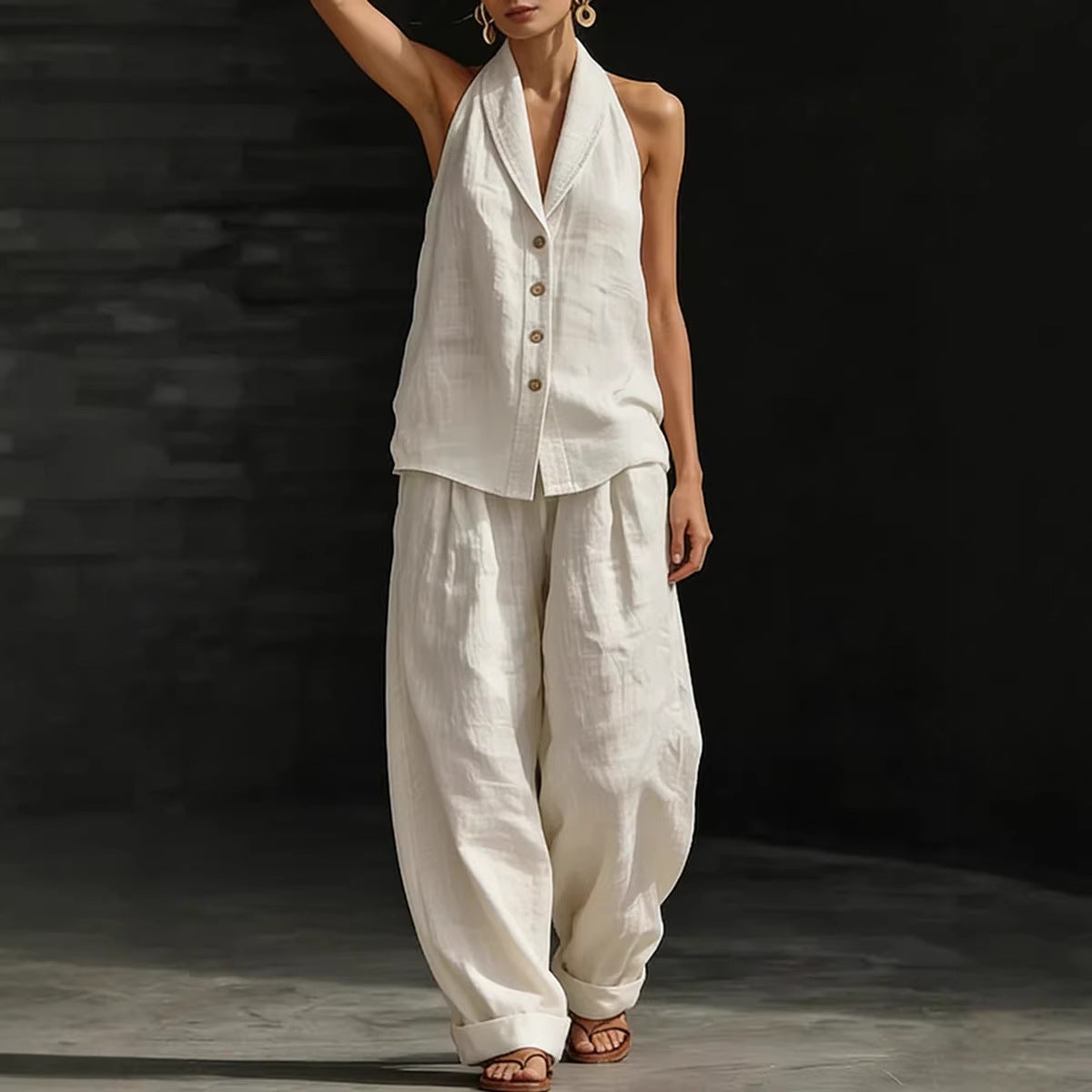 Women's Sleeveless Vest & Wide-Leg Pants Cotton-Linen Two-Piece Set