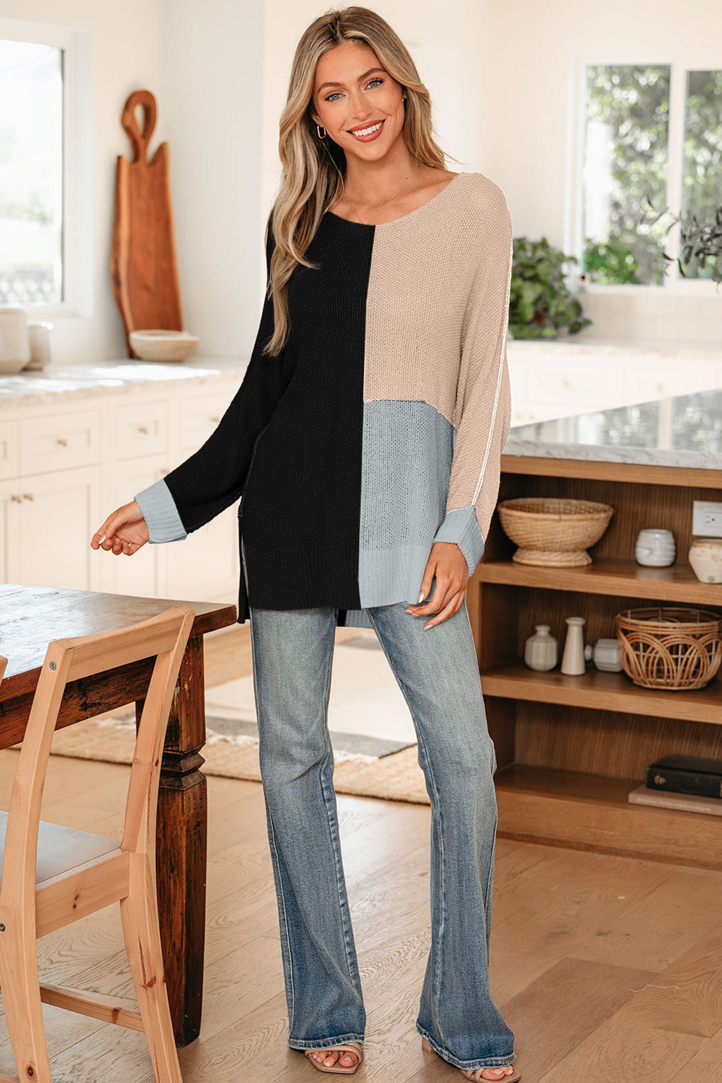Colorblock Knit V-Neck Sweater