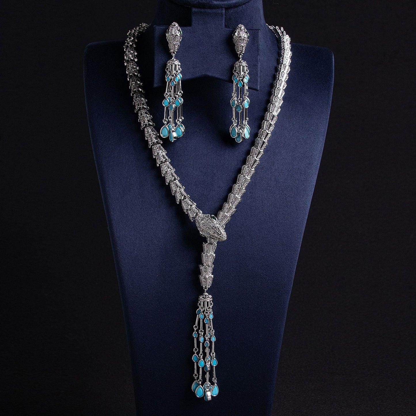 Serpentine Tassel Necklace with Diamonds and Zirconia