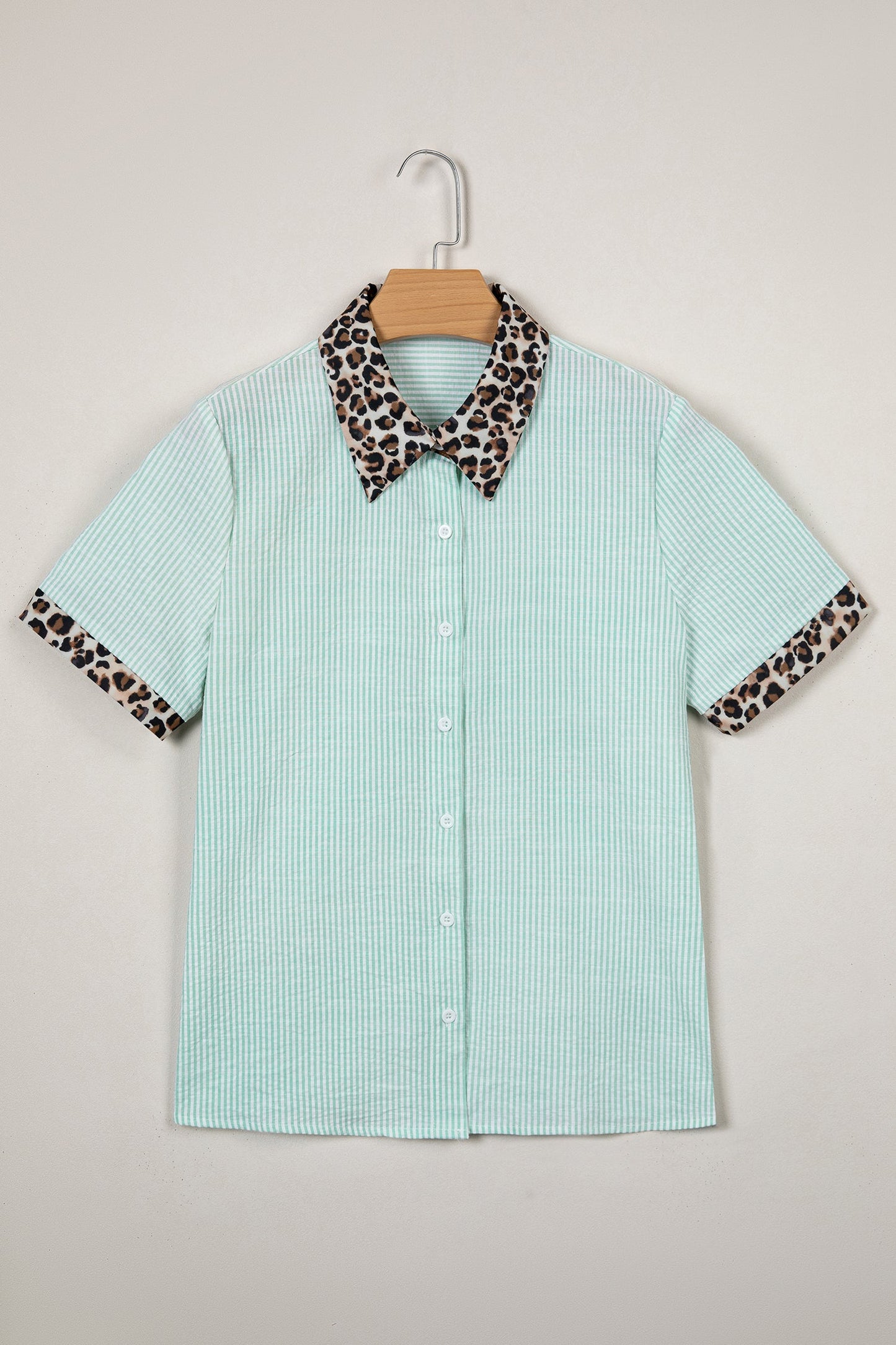 Stripe Leopard Contrast Collar Short Sleeve Shirt