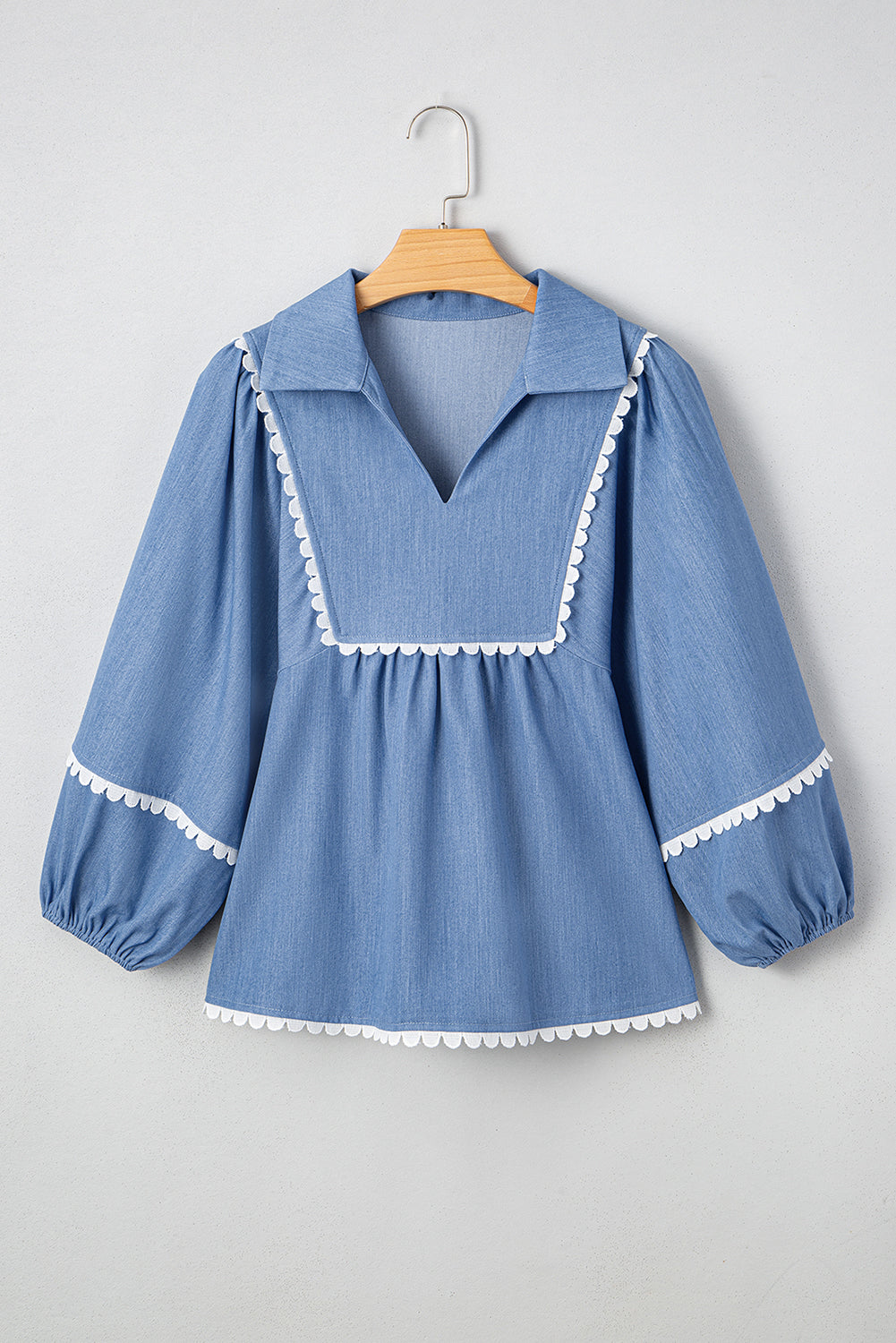 Solid Lace Ric-Rac 3/4 Sleeve Babydoll Blouse