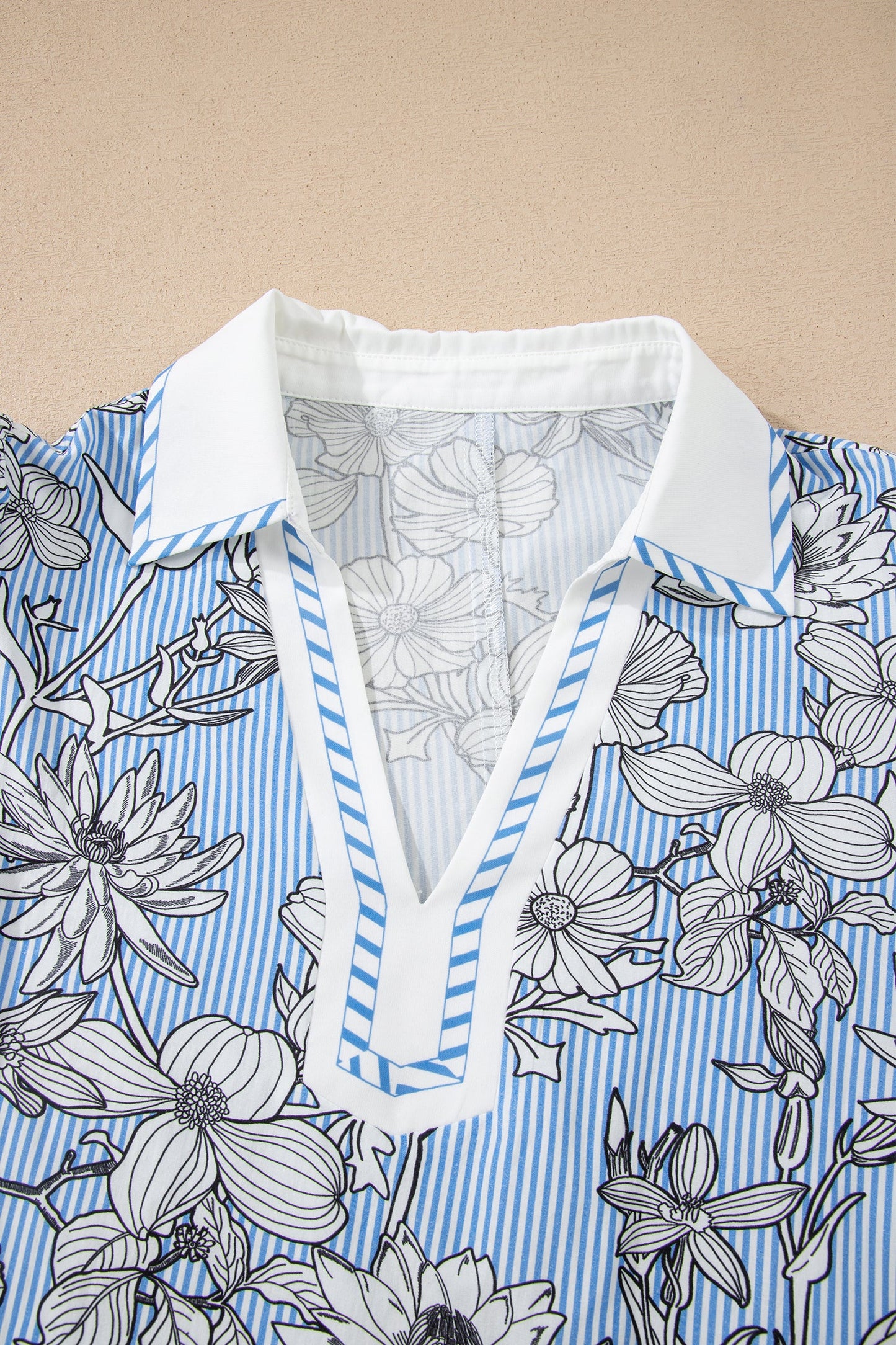 Floral Stripe Polo Collar Short Sleeve Blouse