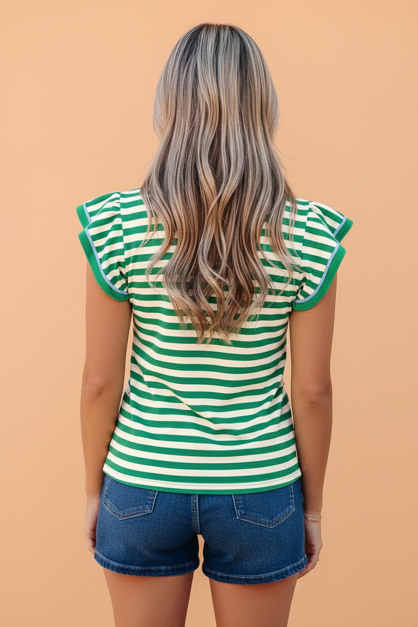 Stripe Contrast Trim Polo Collar Ruffle Sleeve Blouse