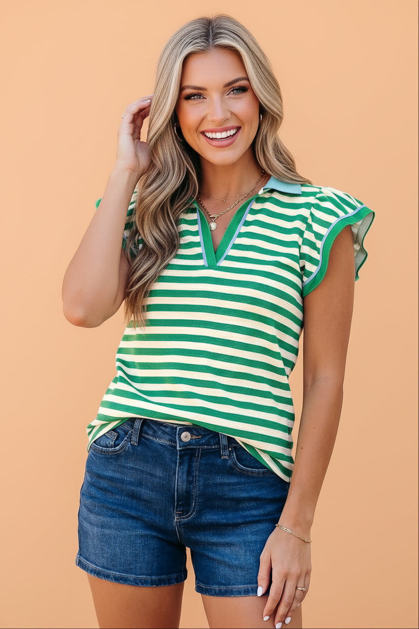 Stripe Contrast Trim Polo Collar Ruffle Sleeve Blouse