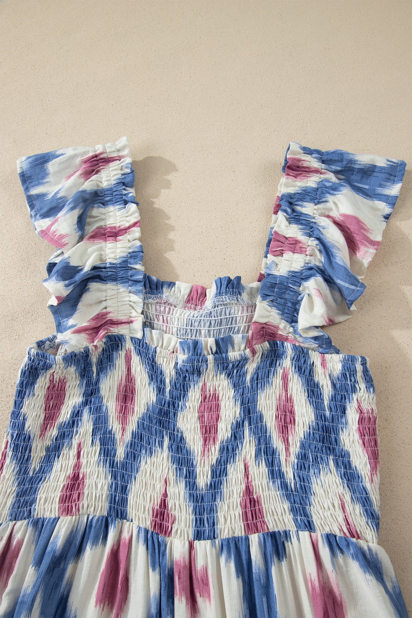 Boho Geometric Smocked Square Neck Ruffle Dress