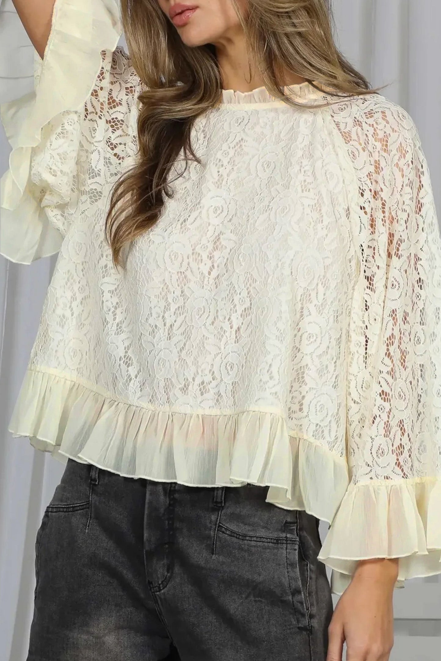 Sheer Lace Ruffle Trim Long Sleeve Blouse
