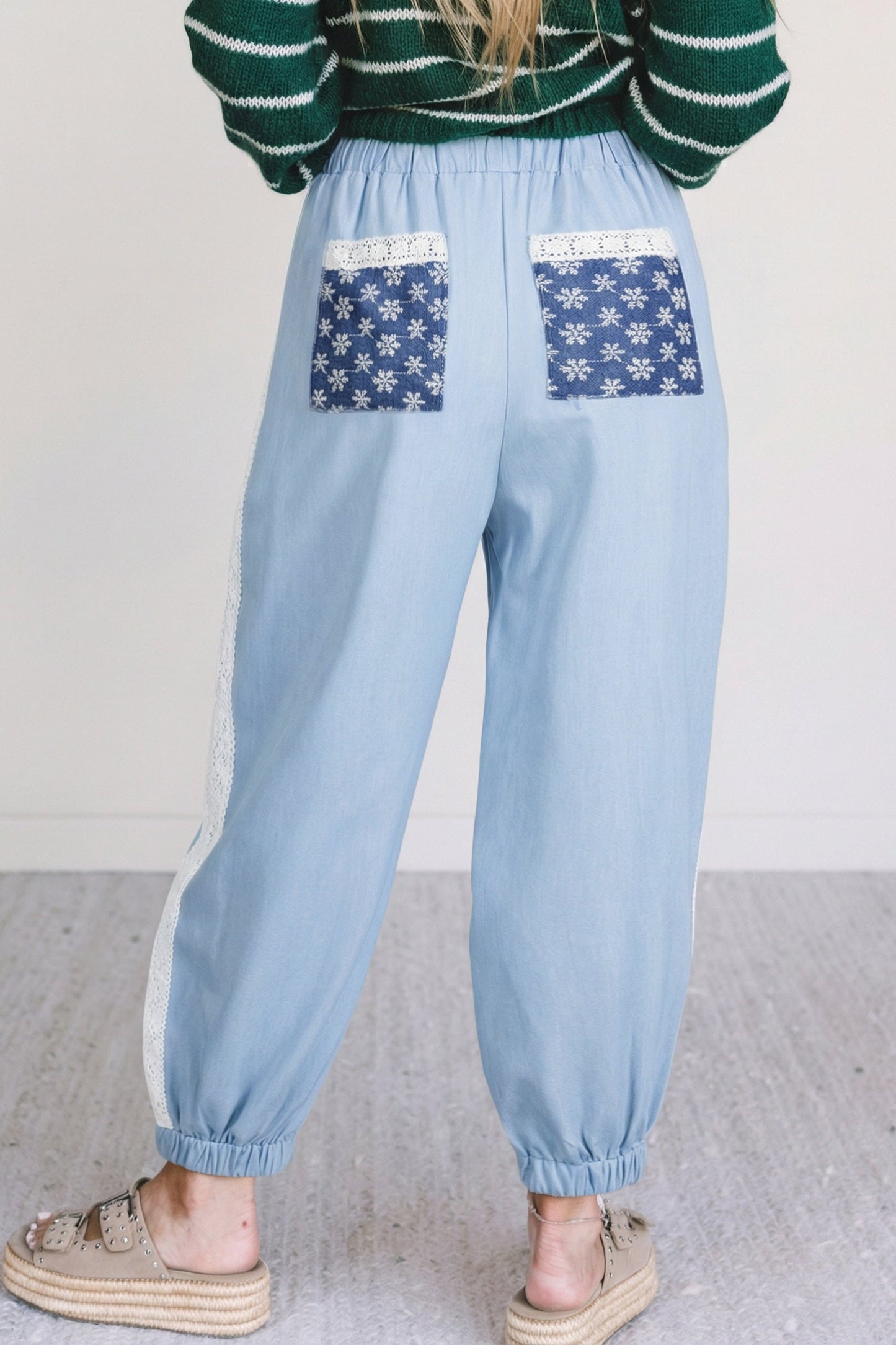 Floral Lace Patch Pocket Pleated Wide Leg Pants