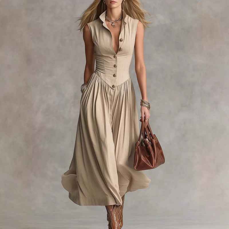 Women's Sleeveless Lapel Collar Maxi Dress – Slim Fit Patchwork