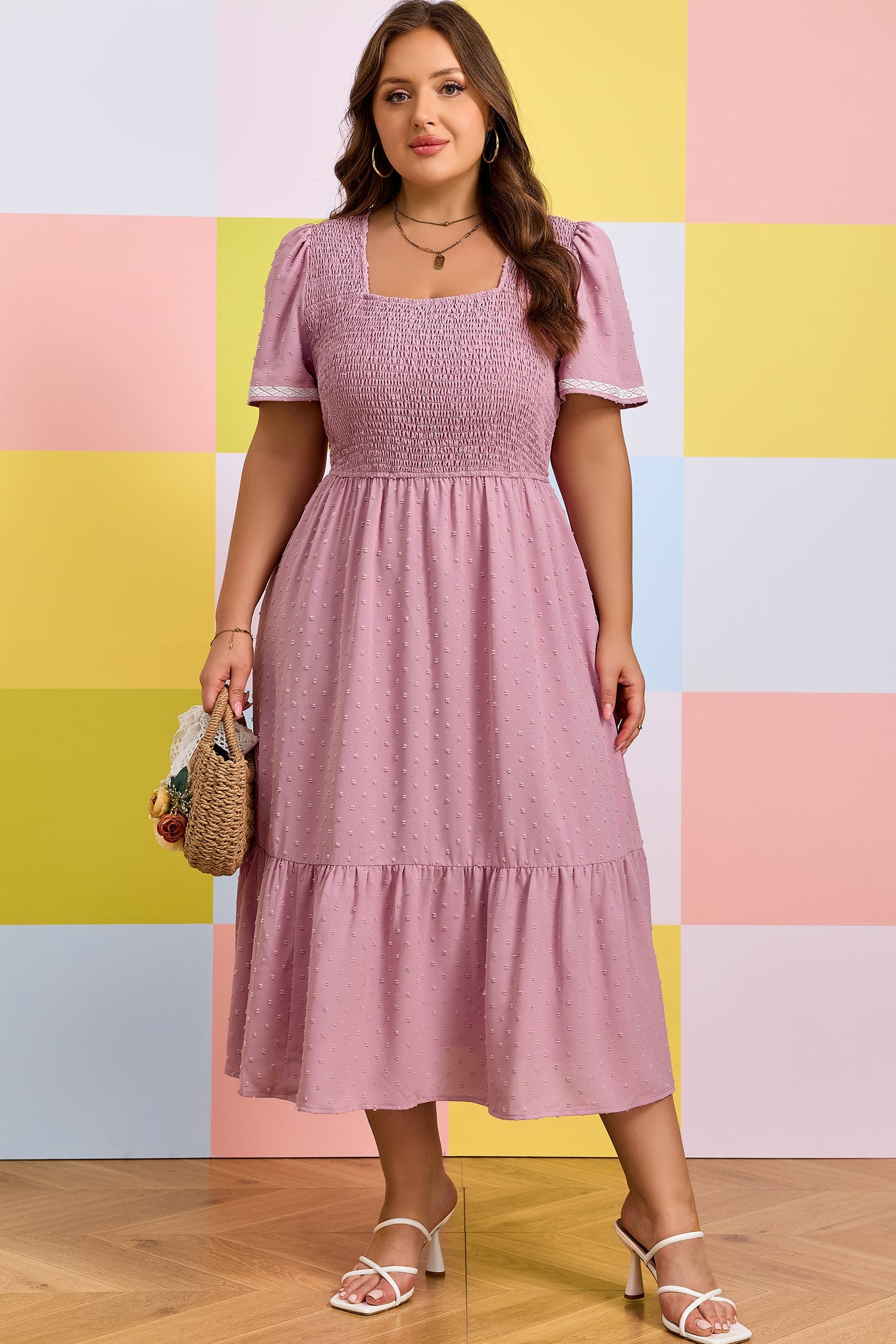 Plus Size Swiss Dot Smocked Flowy Midi Dress