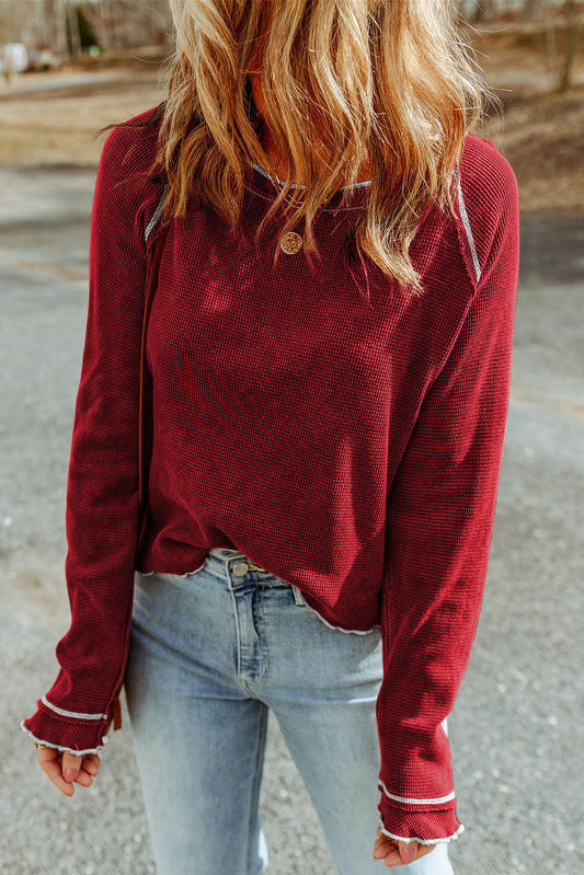 Solid Waffle Knit Round Neck Long Sleeve Top